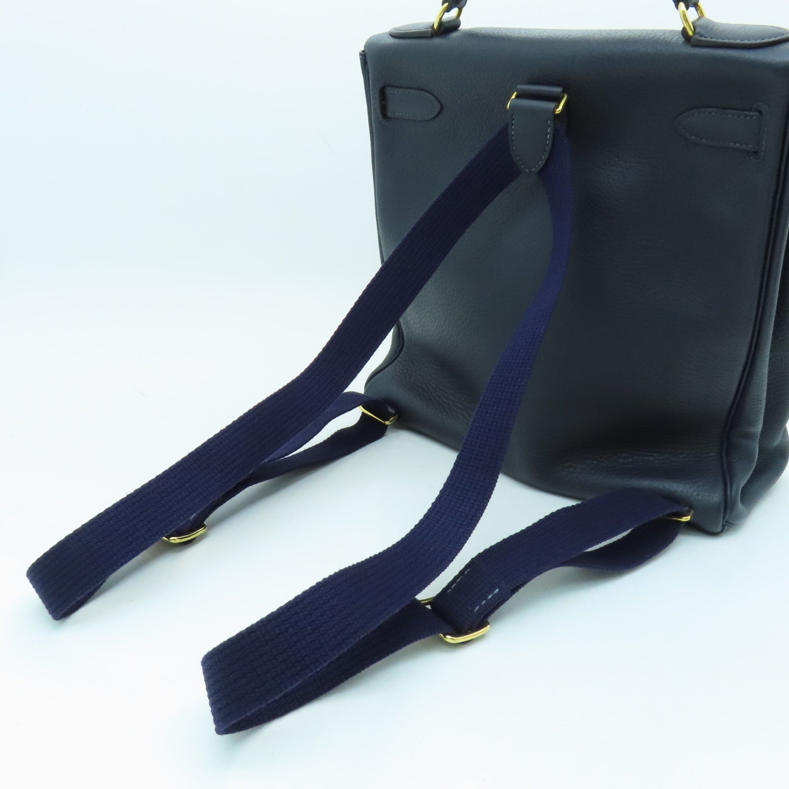 HERMES Clemence Leather Kelly Ado GM Gold Buckle Backpack Dark Indigo