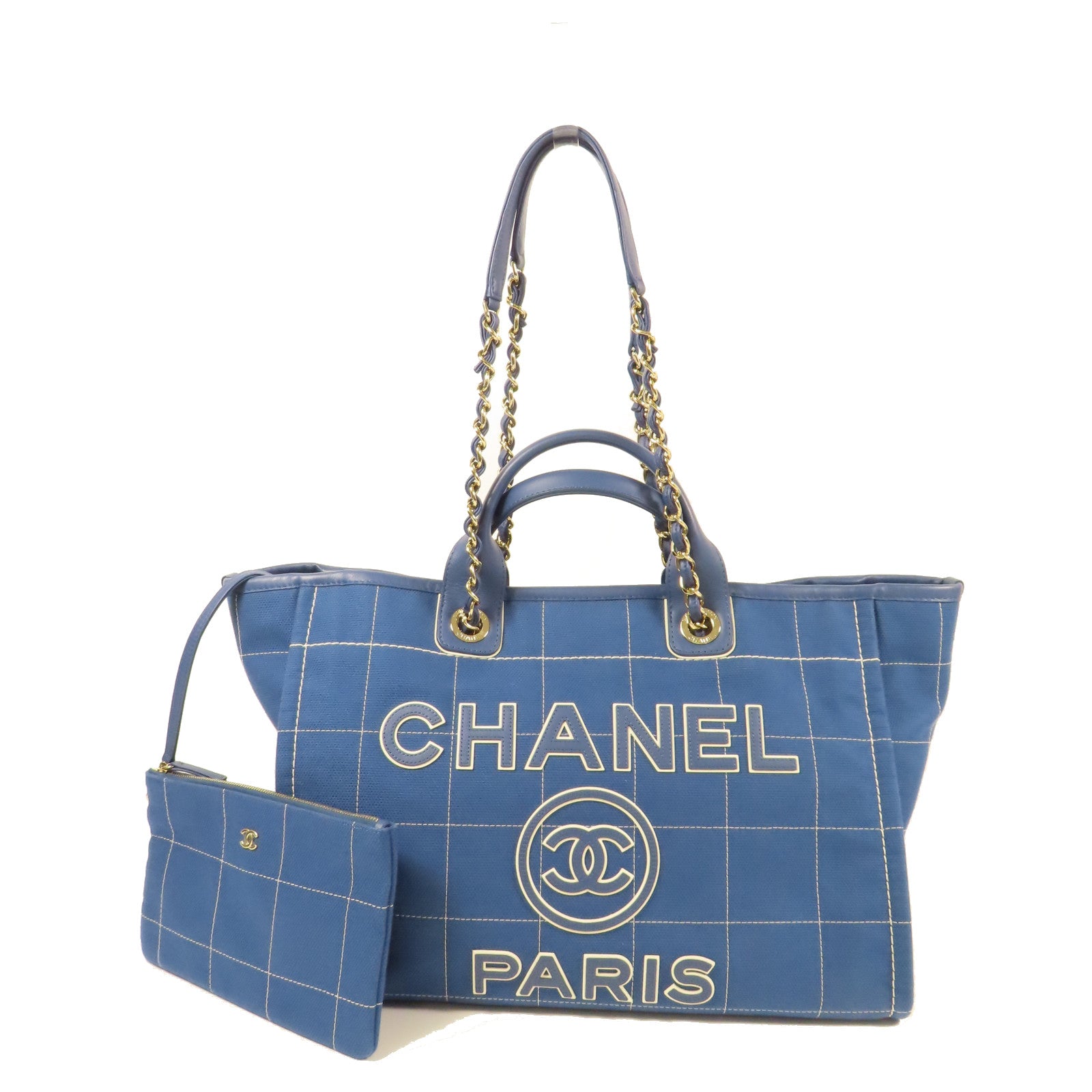 CHANEL CC GHW Deauville Tote Bag 2 Way Shoulder Hand Bag Canvas Blue