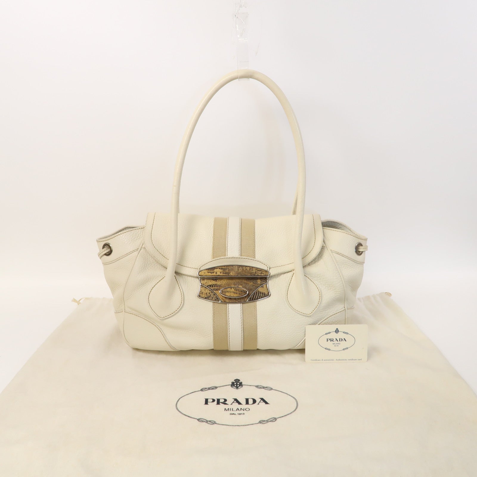 PRADA 【激減優惠】牛皮皮革Shoulder Bag銀扣肩背袋白色