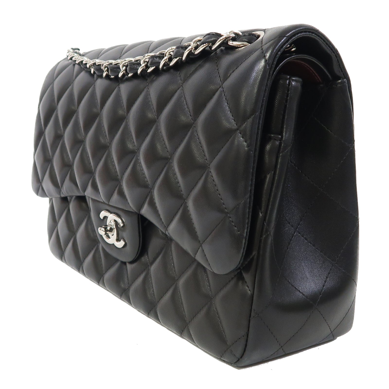CHANEL 菱格羊皮皮革Classic Jumbo銀扣鏈帶肩背袋黑色