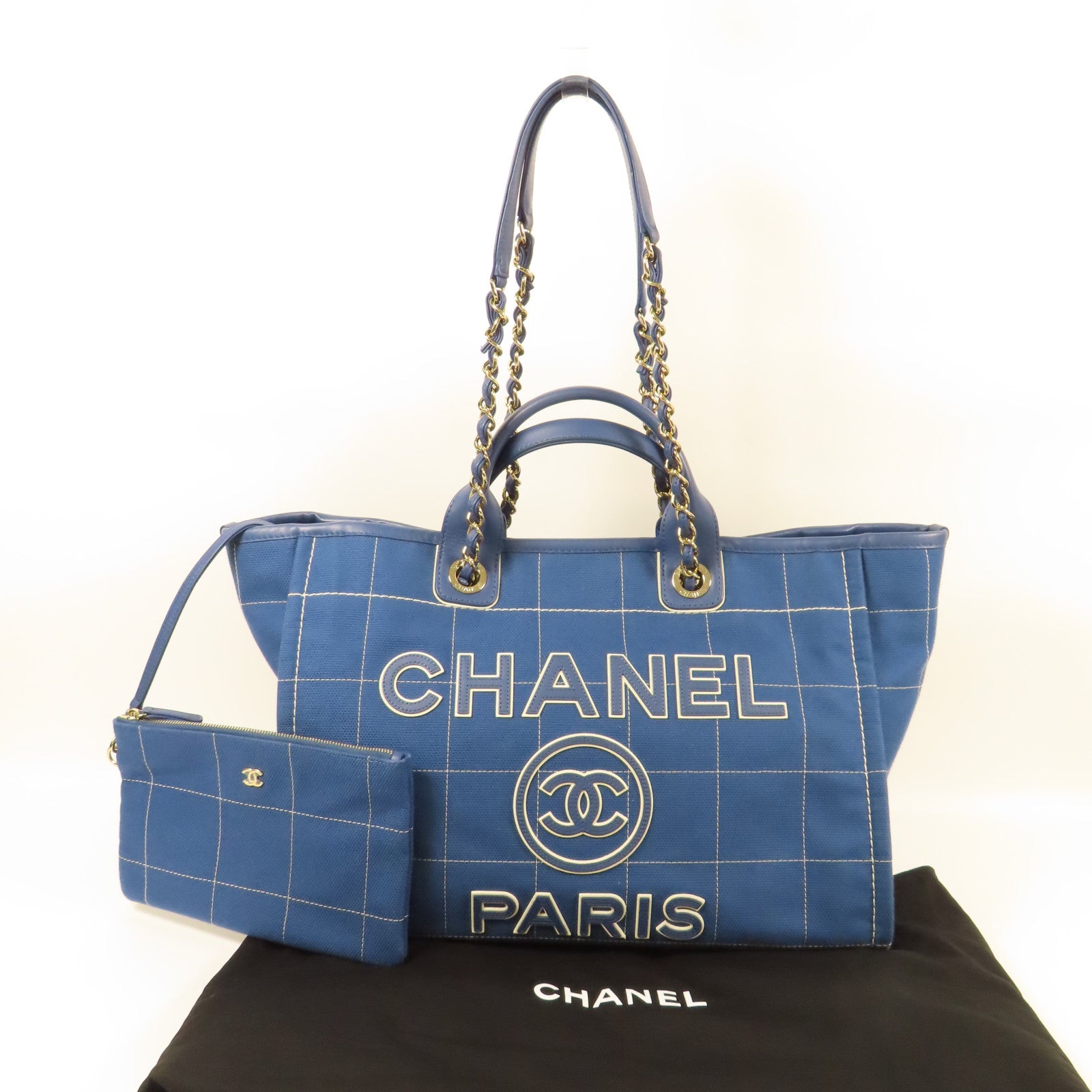 CHANEL CC GHW Deauville Tote Bag 2 Way Shoulder Hand Bag Canvas Blue
