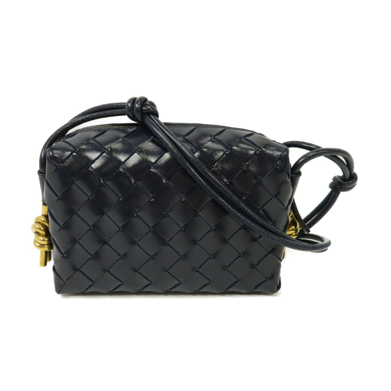 BOTTEGA VENETA 織紋皮革Mini Loop金扣肩背袋深藍色