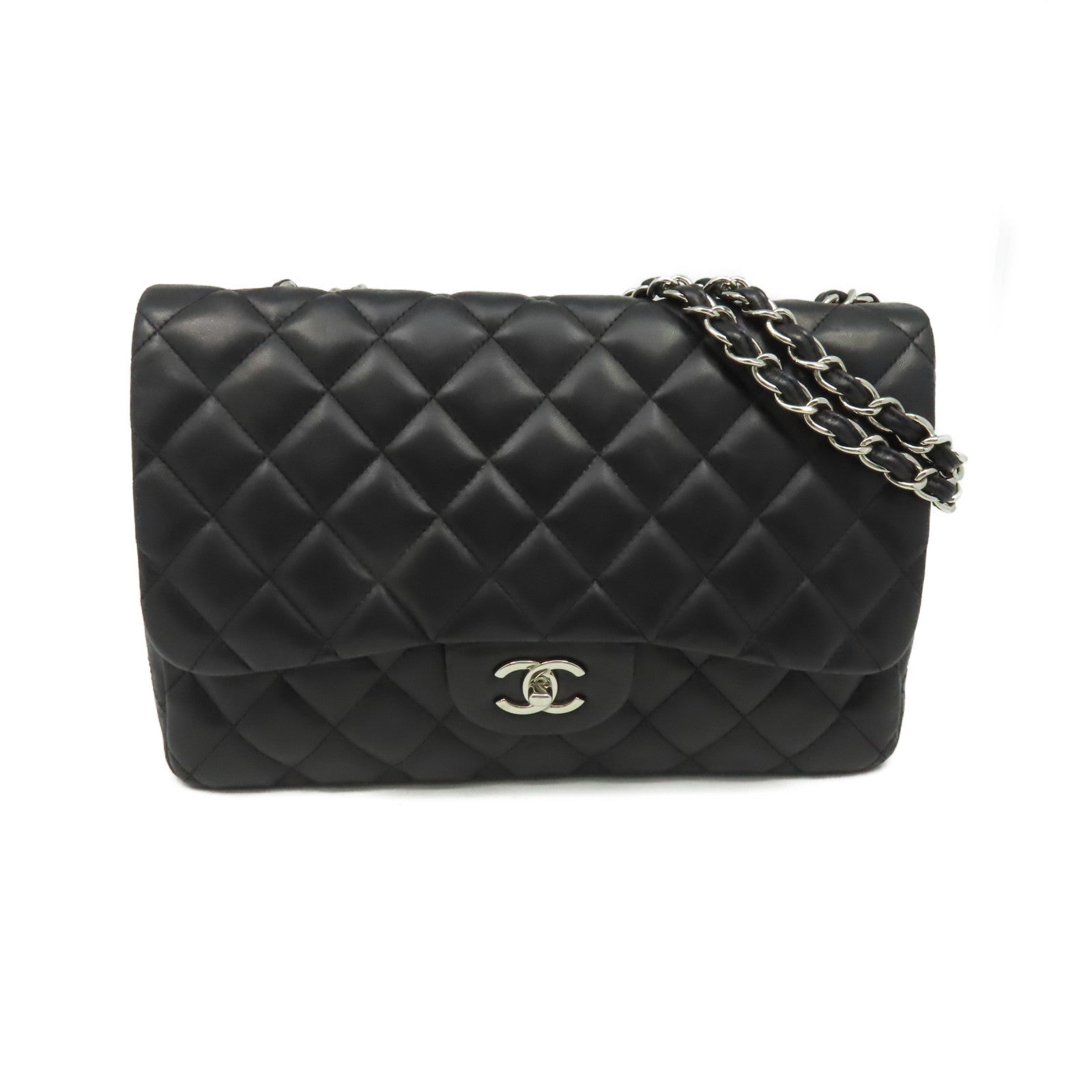 CHANEL **【激減優惠】菱格羊皮皮革Jumbo Classic Flap Chain Shoulder Bag銀扣鏈帶肩背袋黑色
