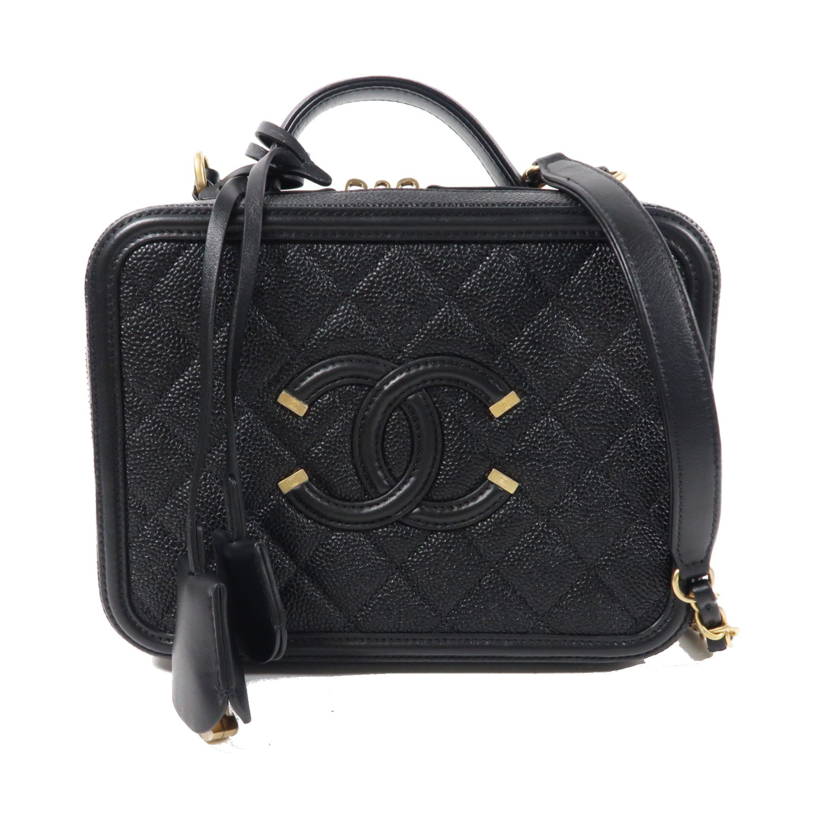 CHANEL 菱格Caviar皮革Vanity Case金扣手挽肩背兩用袋黑色