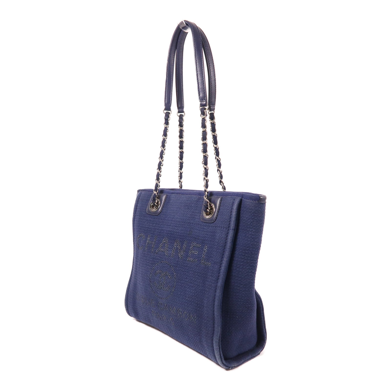 CHANEL 帆布Mini Deauville Tote銀扣鏈帶肩背袋