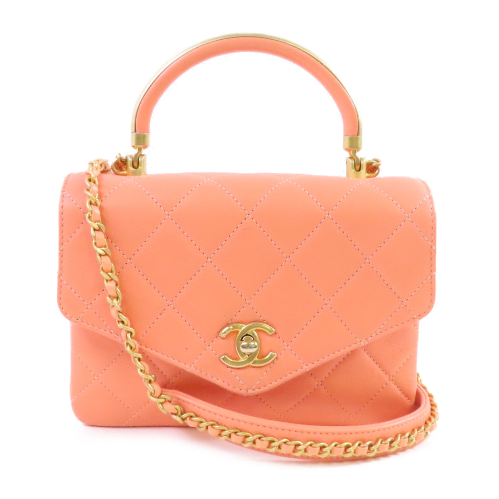 CHANEL 牛皮皮革2Way Chain Shoulder Bag金扣鏈帶肩背袋三文魚粉色