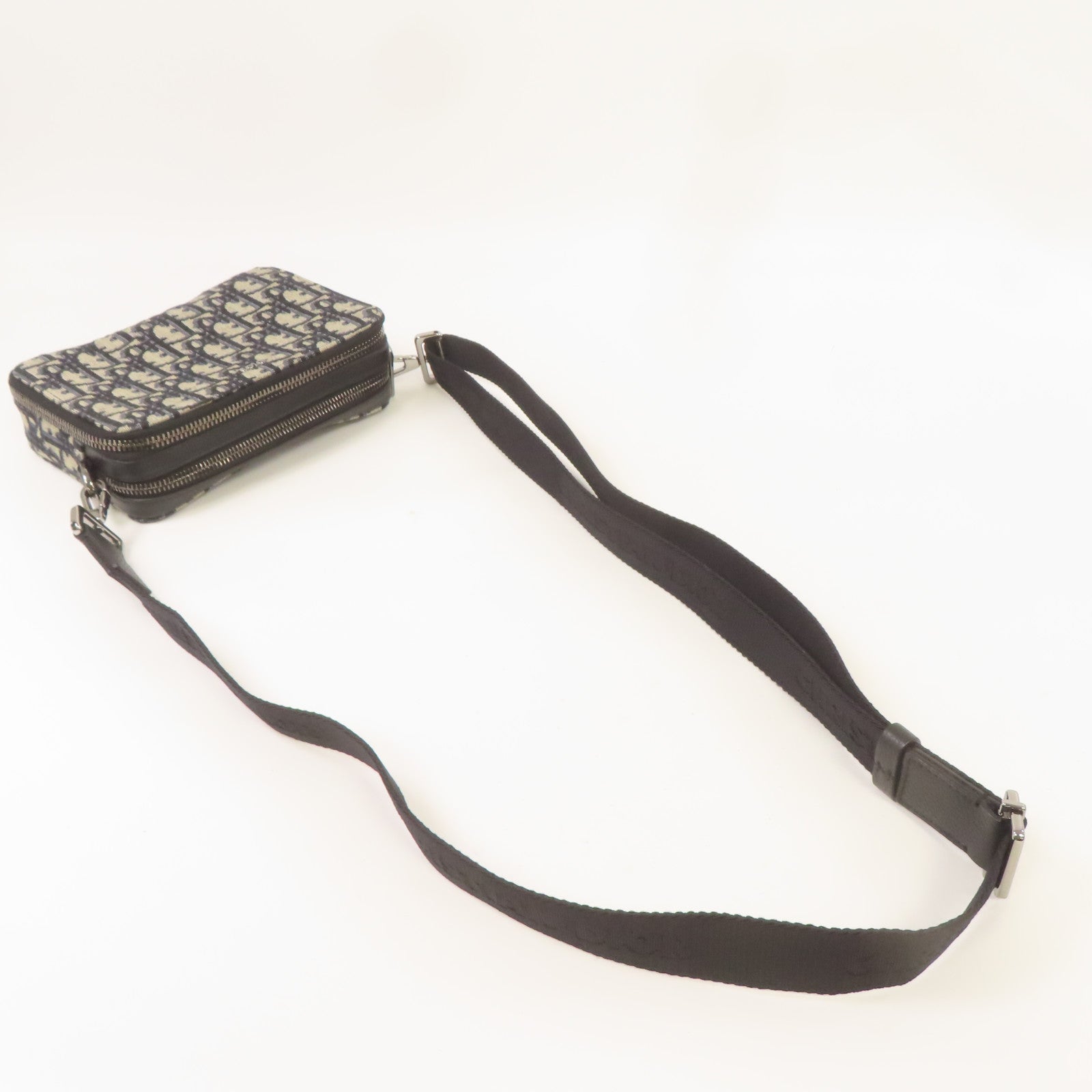 Dior Oblique帆布Zipped Pouch with Strap銀扣肩背袋藍色/米色
