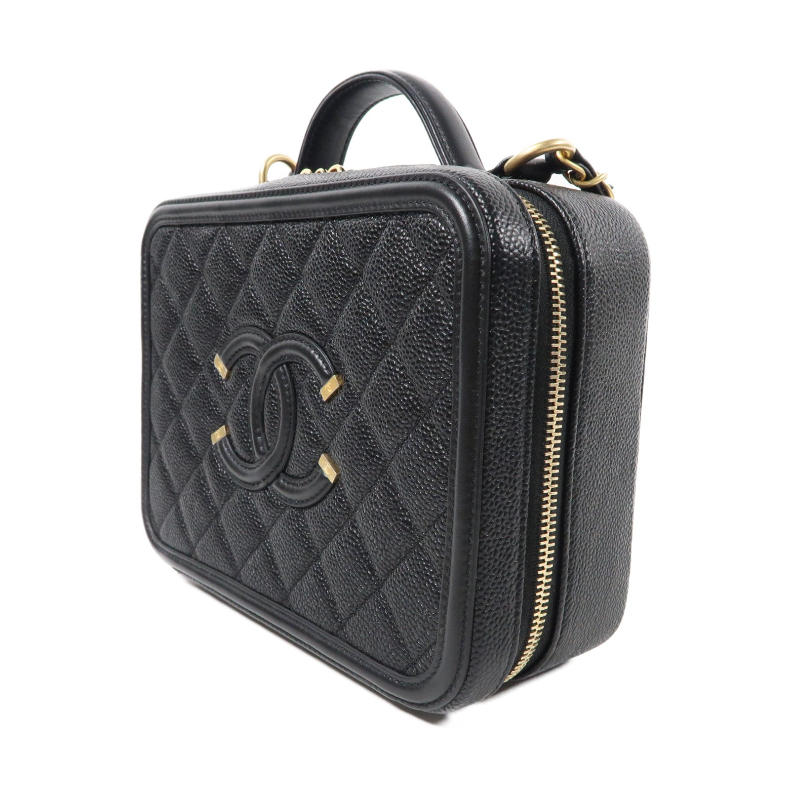 CHANEL 菱格Caviar皮革Vanity Case金扣手挽肩背兩用袋黑色