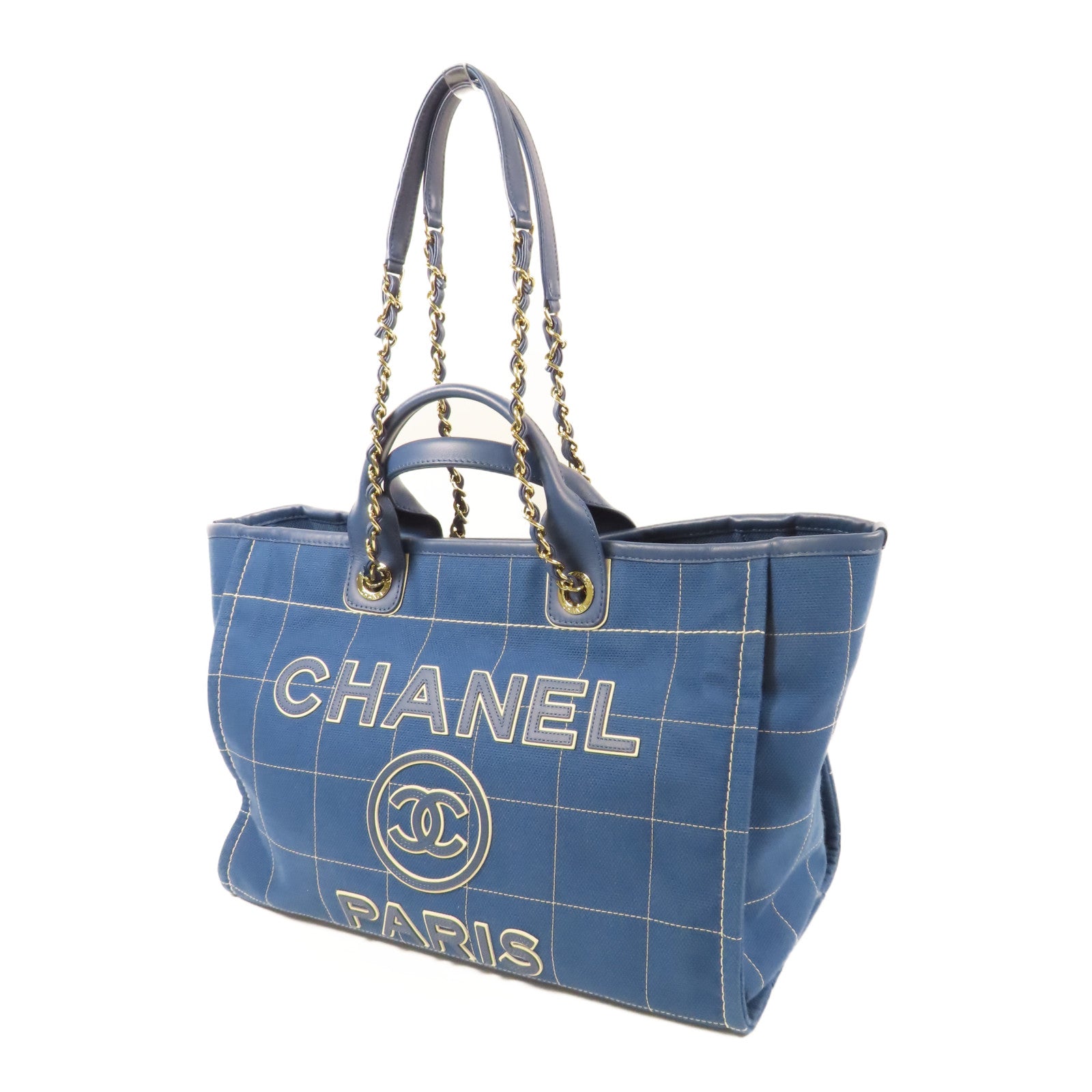 CHANEL CC GHW Deauville Tote Bag 2 Way Shoulder Hand Bag Canvas Blue