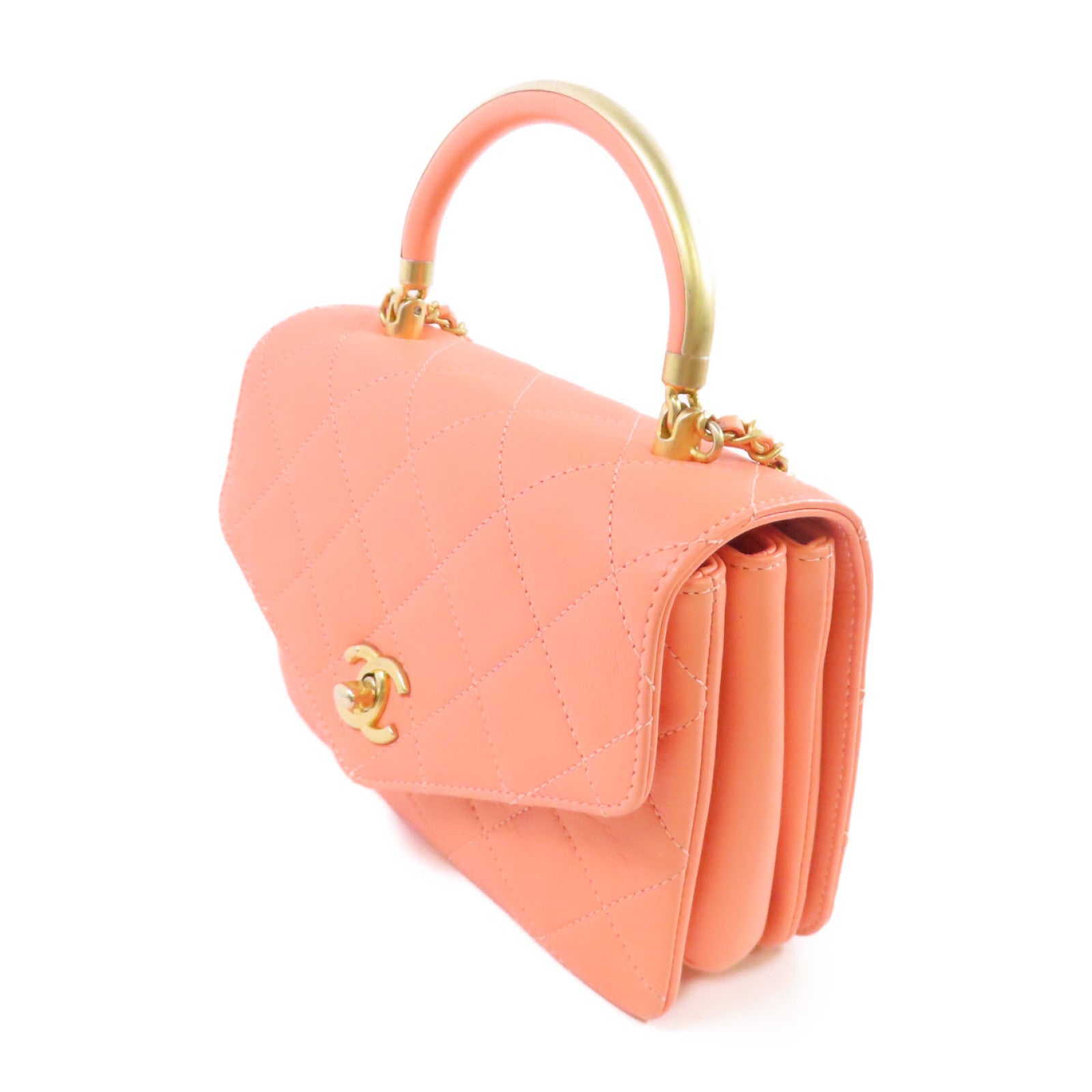 CHANEL 牛皮皮革2Way Chain Shoulder Bag金扣鏈帶肩背袋三文魚粉色