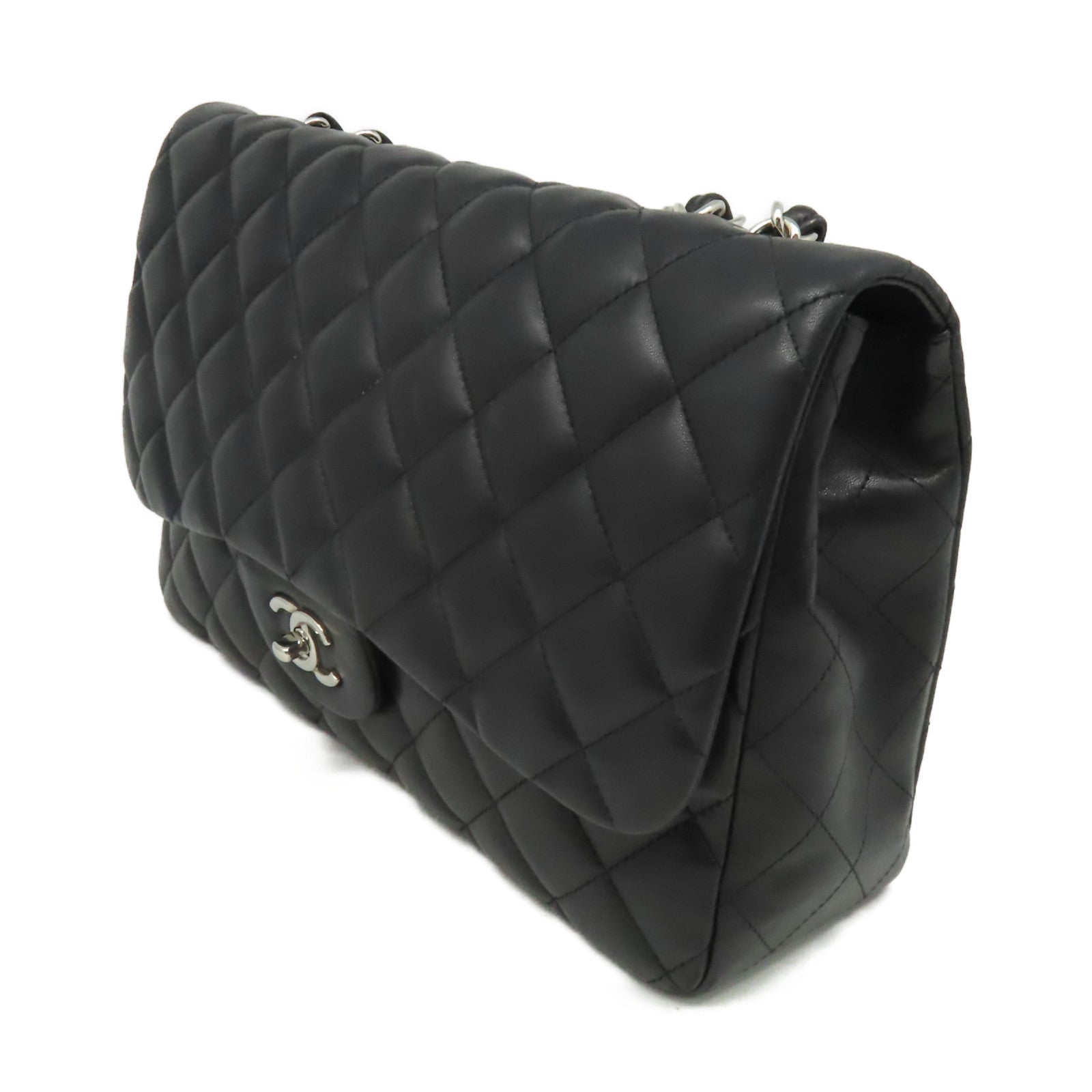 CHANEL **【激減優惠】菱格羊皮皮革Jumbo Classic Flap Chain Shoulder Bag銀扣鏈帶肩背袋黑色