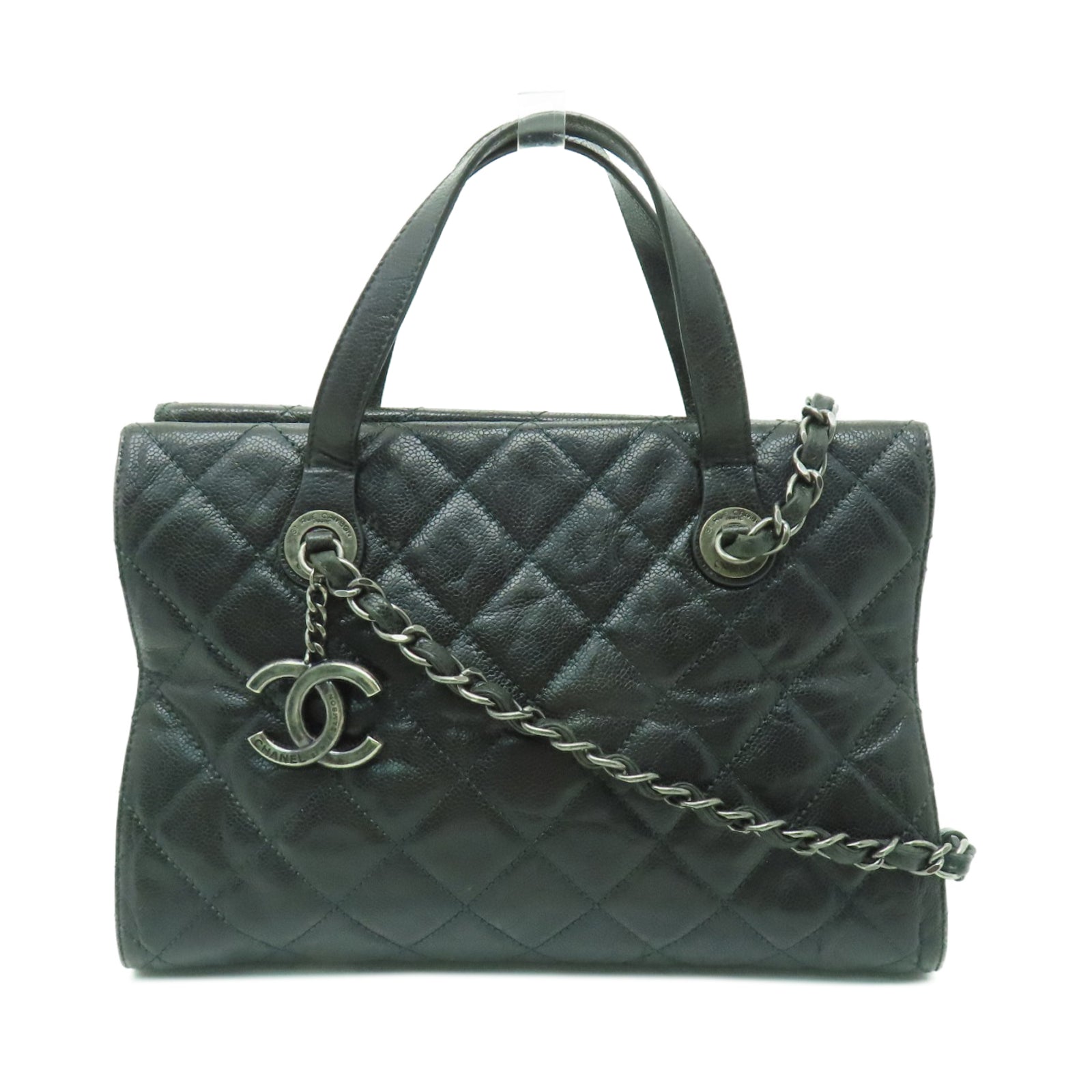 CHANEL 【激減優惠】菱格Caviar皮革2 Way Shoulder銀扣手挽肩背兩用袋深綠色