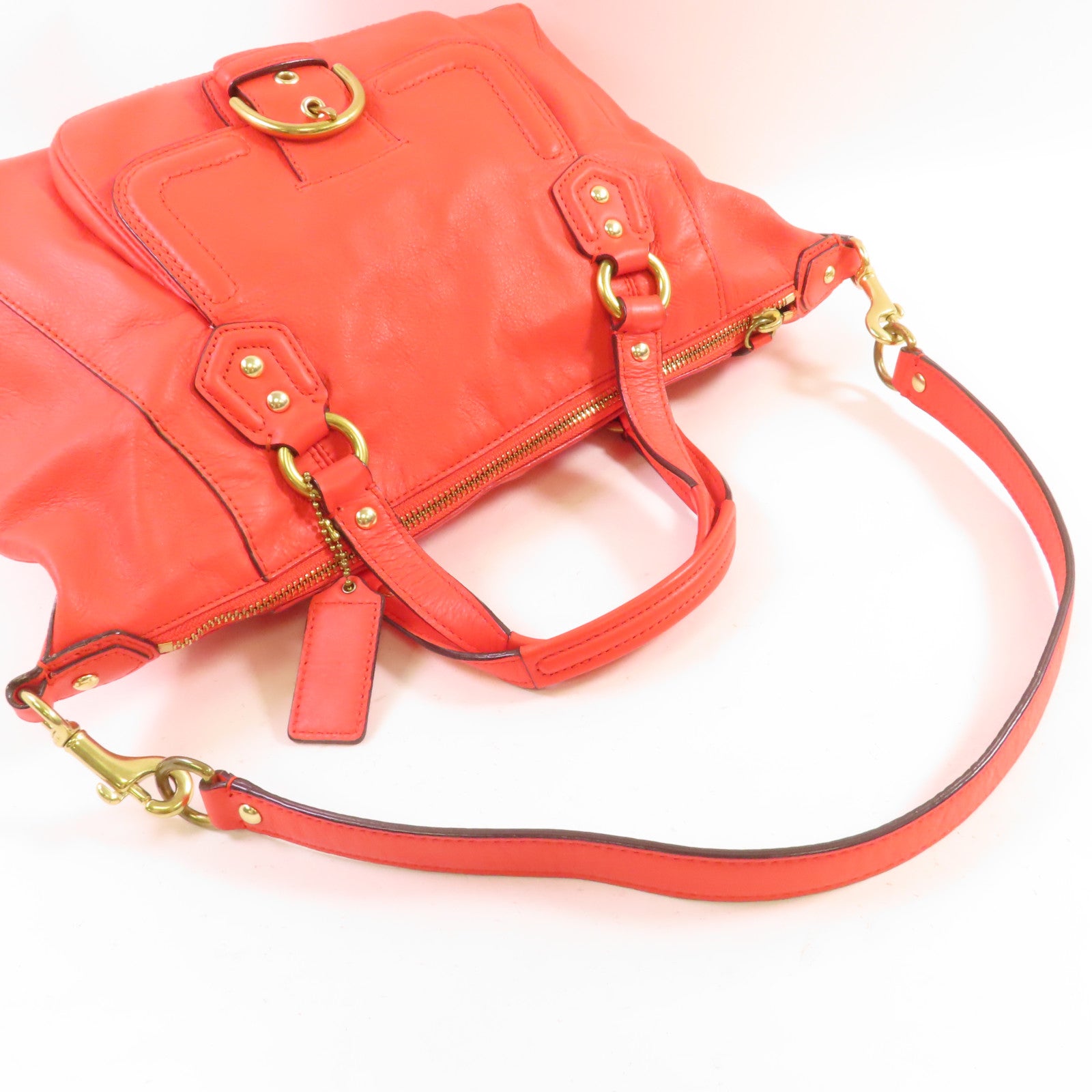 COACH 牛皮皮革Campbell Leather Bag金扣手挽肩背兩用袋橙色