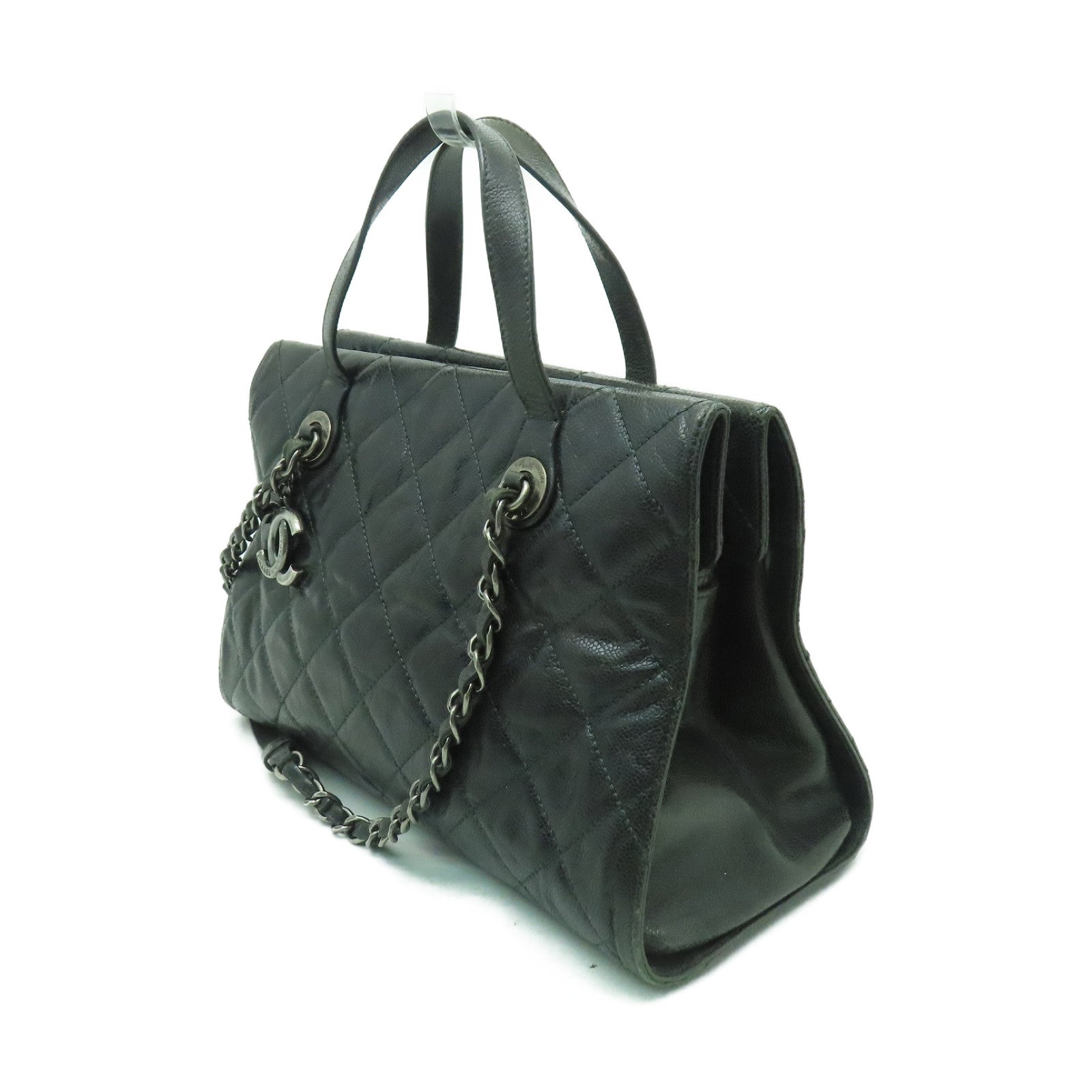 CHANEL 【激減優惠】菱格Caviar皮革2 Way Shoulder銀扣手挽肩背兩用袋深綠色