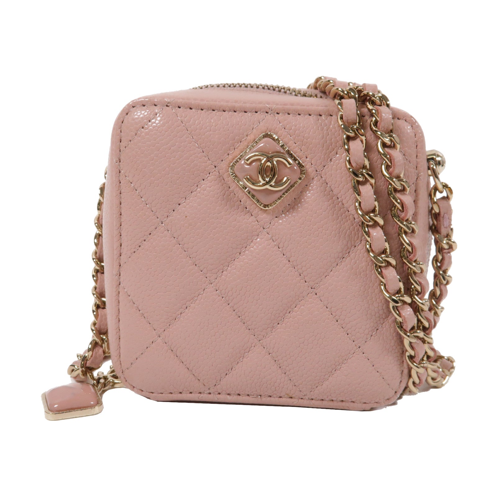 CHANEL 菱格牛皮皮革Shoulder Bag金扣鏈帶肩背袋粉紅色