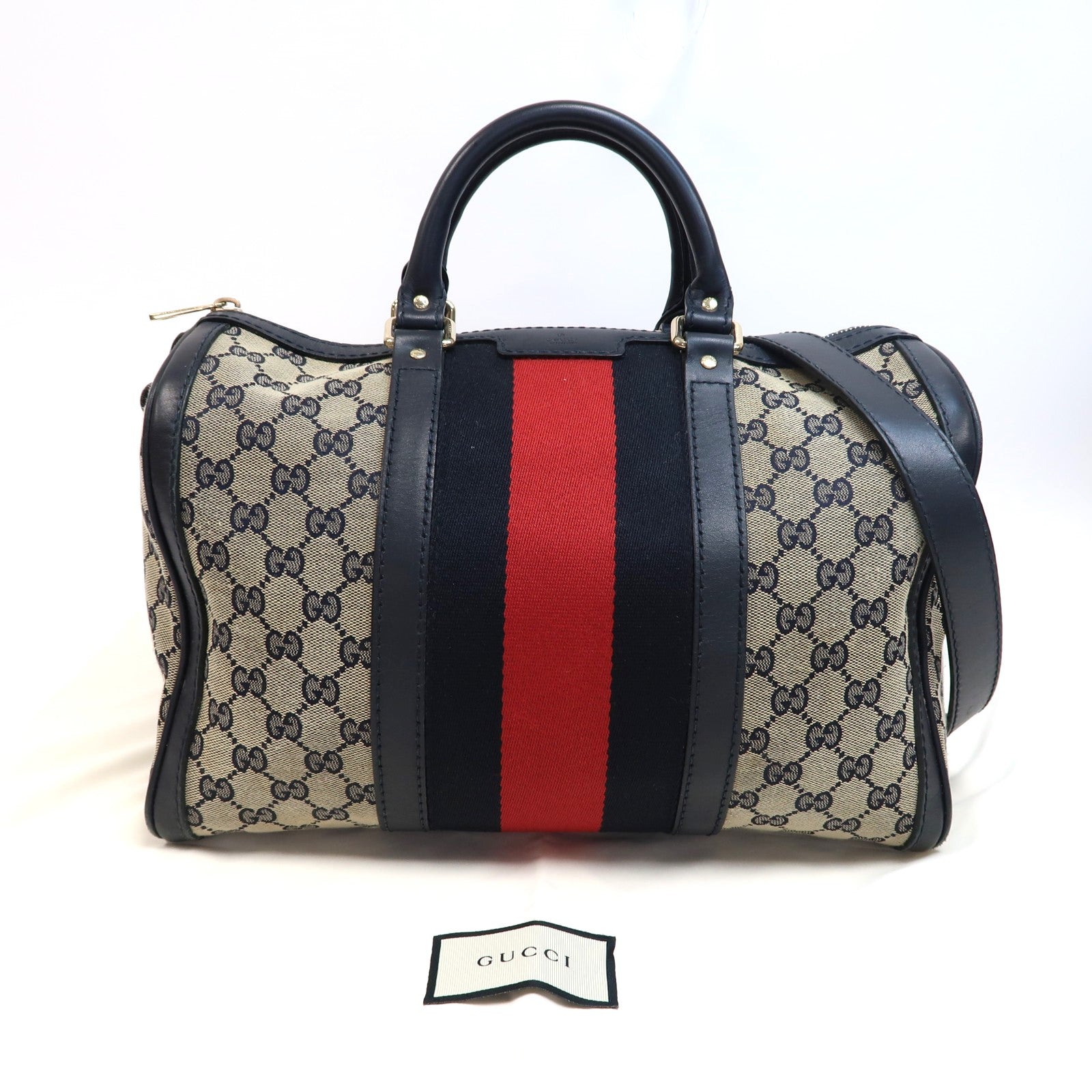 GUCCI 帆布Boston Bag金扣手挽肩背兩用袋米色/深藍色