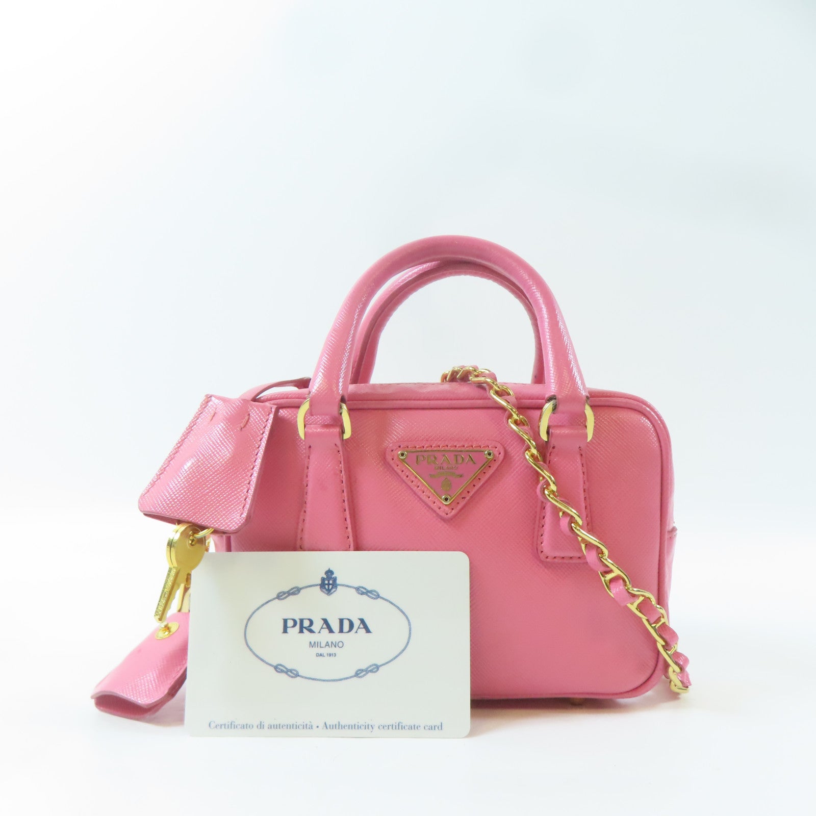 PRADA 牛皮皮革Shoulder Bag金扣鏈帶肩背袋粉紅色