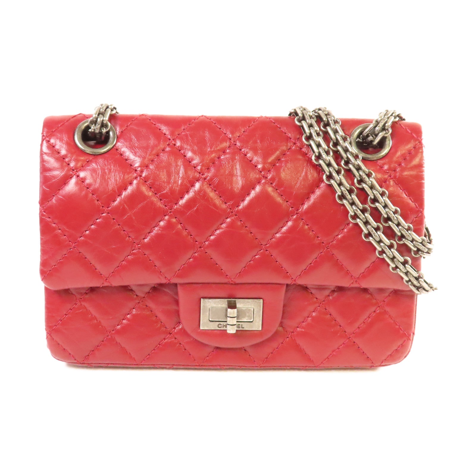 CHANEL 【激減優惠】菱格牛皮皮革2.55 Mini Chain Shoulder Bag銀扣鏈帶肩背袋酒紅色