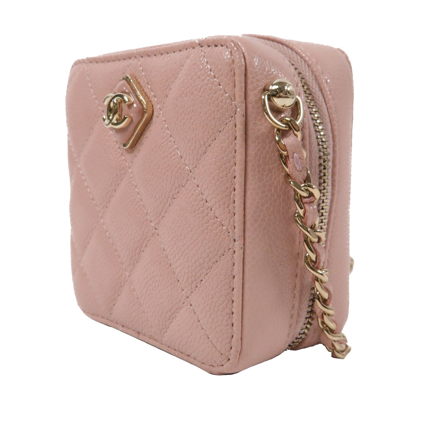 CHANEL 菱格牛皮皮革Shoulder Bag金扣鏈帶肩背袋粉紅色
