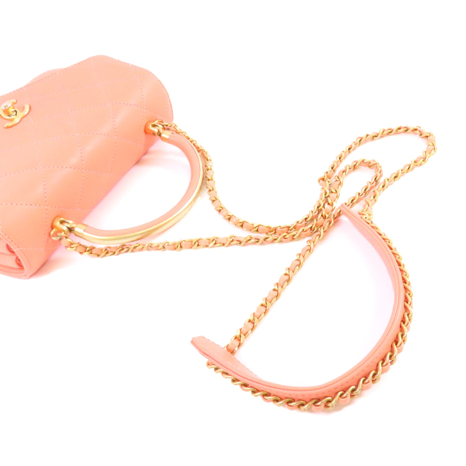 CHANEL 牛皮皮革2Way Chain Shoulder Bag金扣鏈帶肩背袋三文魚粉色