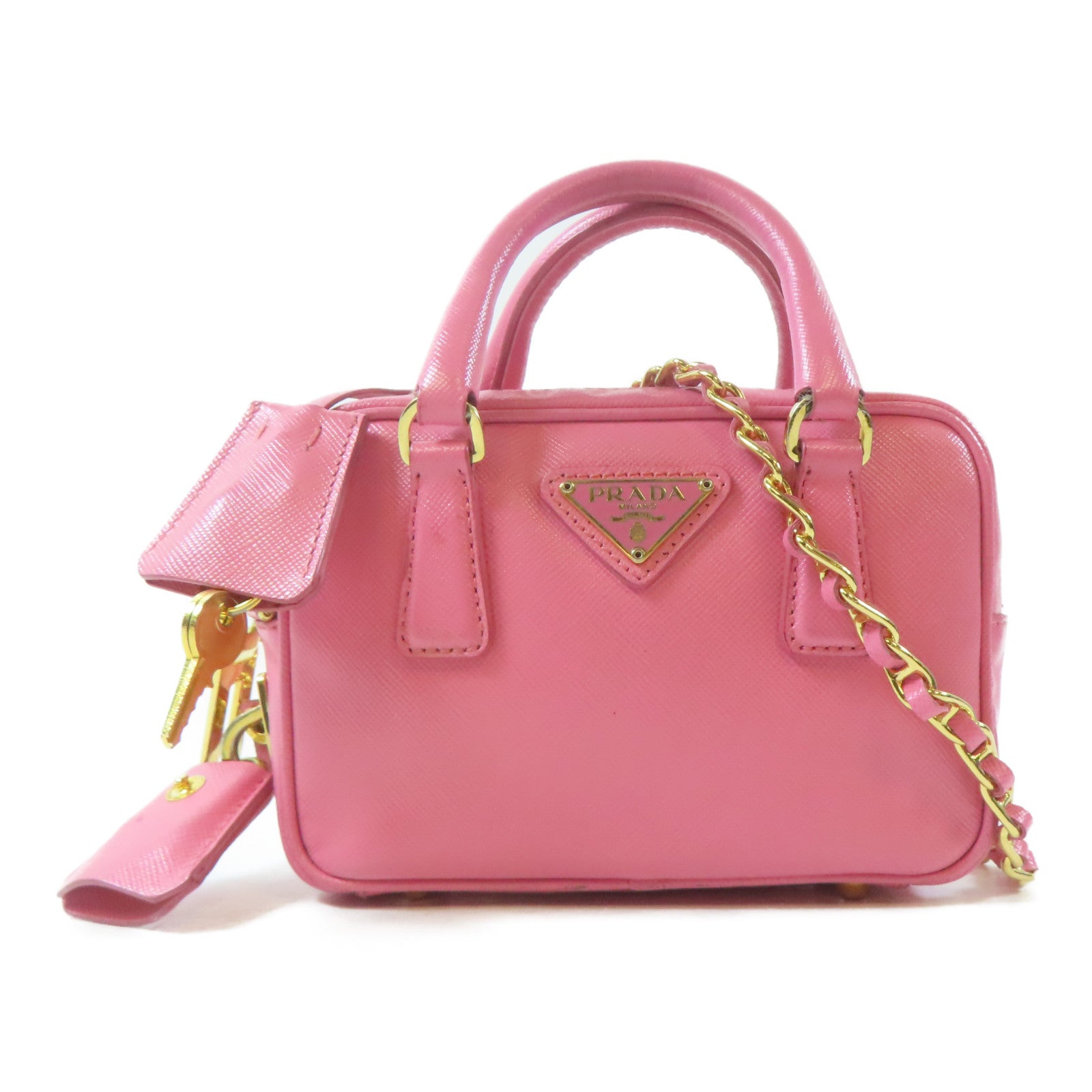 PRADA 牛皮皮革Shoulder Bag金扣鏈帶肩背袋粉紅色