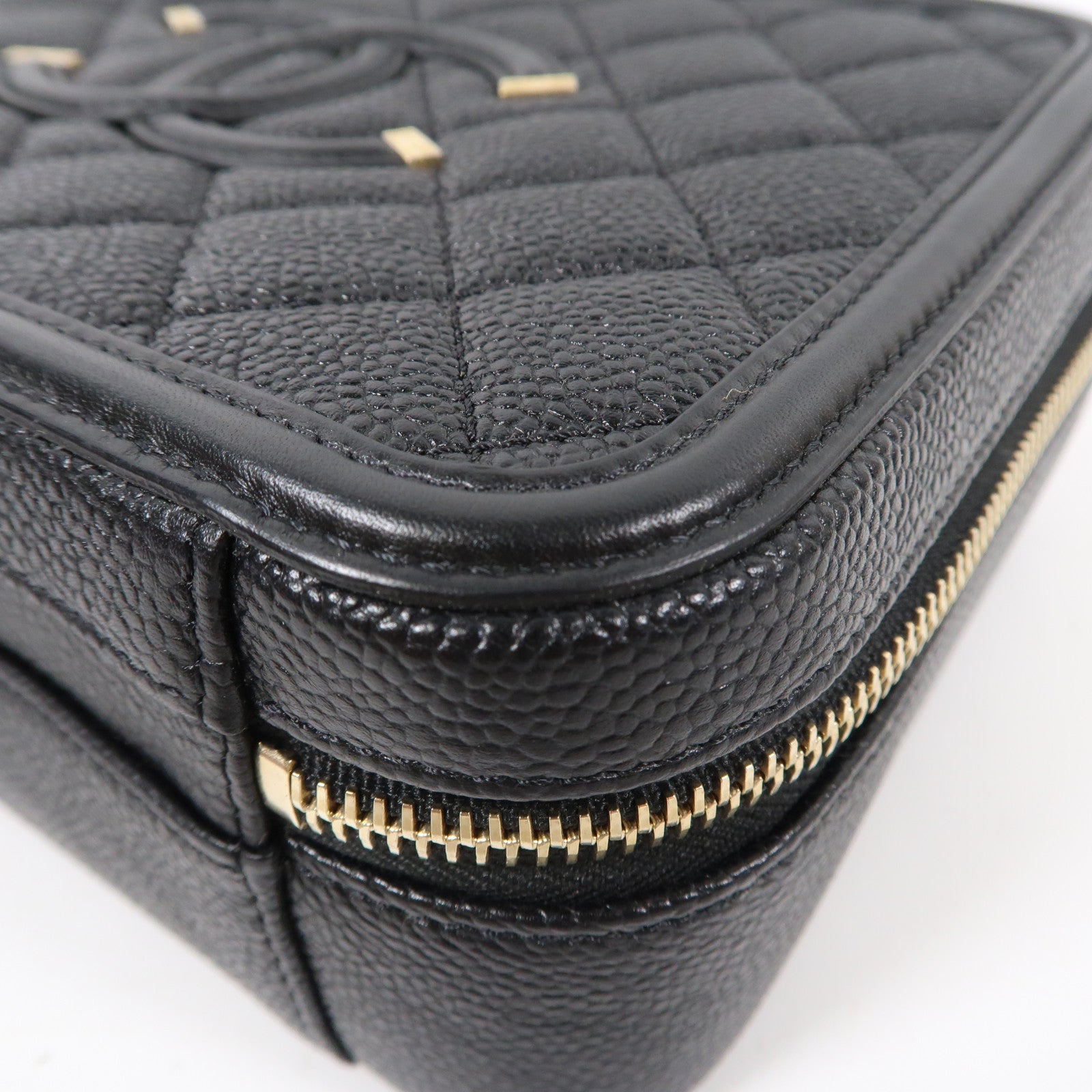 CHANEL 菱格Caviar皮革Vanity Case金扣手挽肩背兩用袋黑色