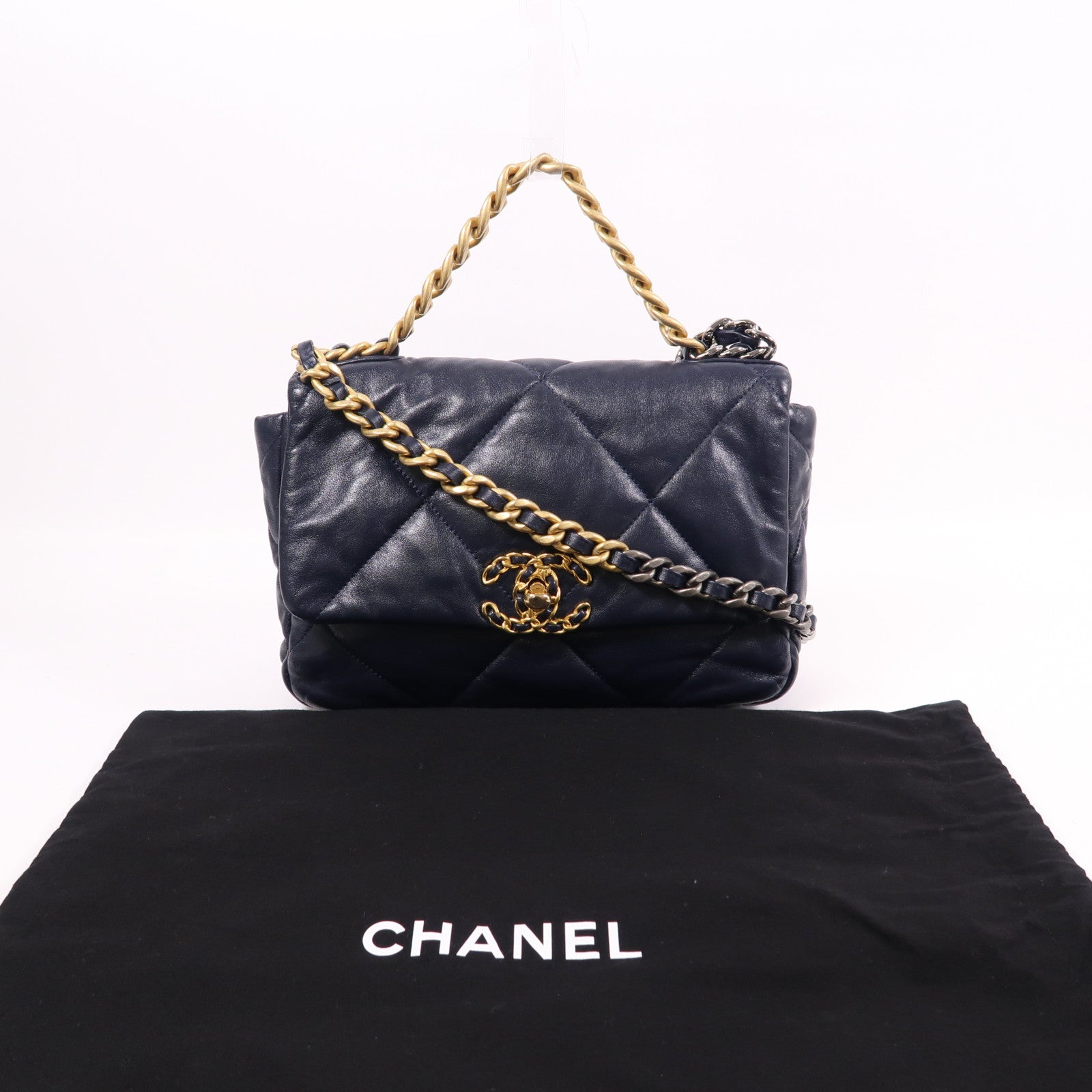 CHANEL CC C19 Small 2 Way Shoulder Bag Lambskin Leather Blue