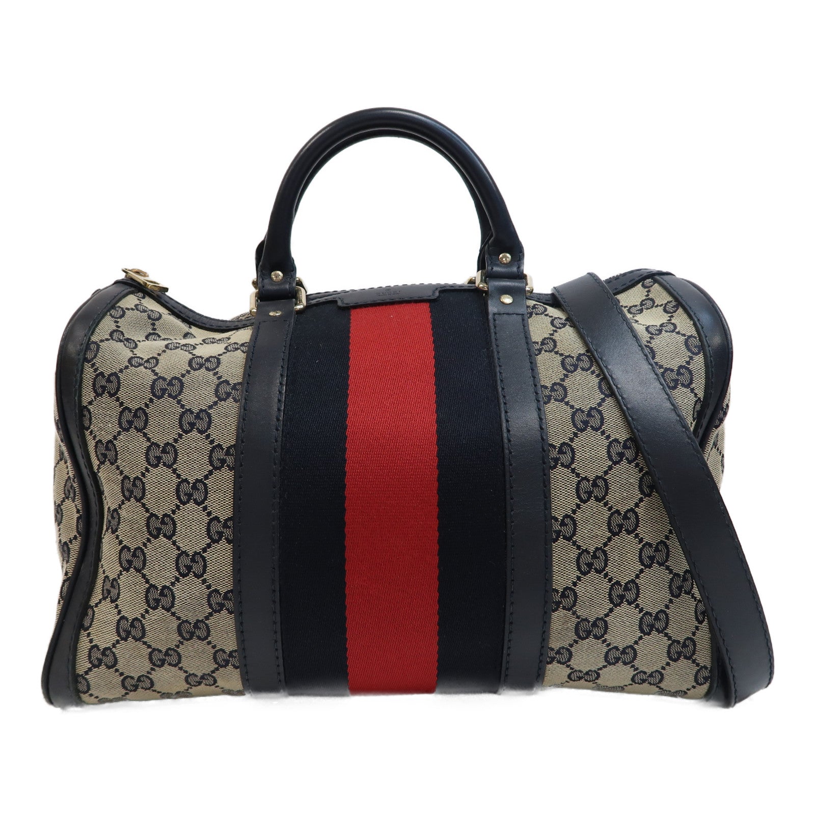 GUCCI 帆布Boston Bag金扣手挽肩背兩用袋米色/深藍色