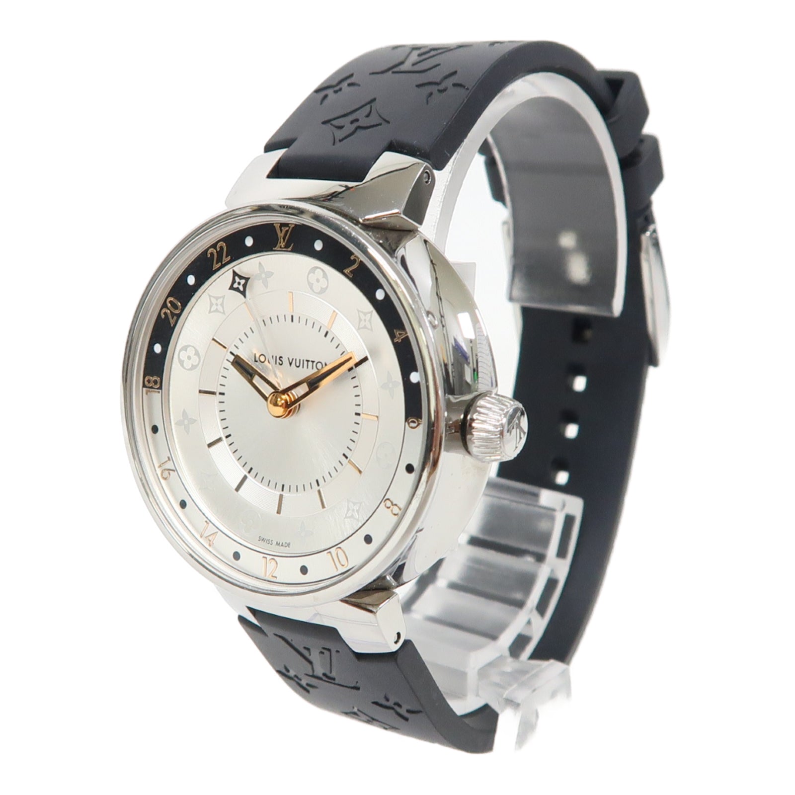 LOUIS VUITTON Tambour Dual Time MM不鏽鋼手錶石英機芯銀色