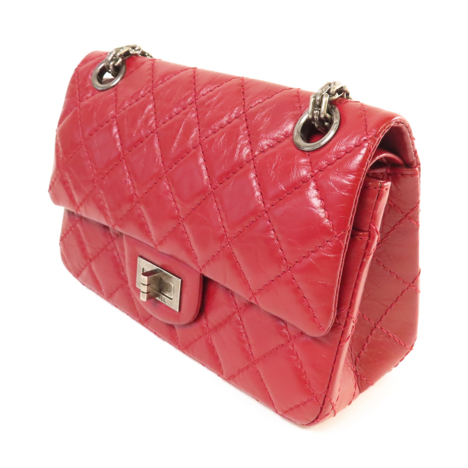 CHANEL 【激減優惠】菱格牛皮皮革2.55 Mini Chain Shoulder Bag銀扣鏈帶肩背袋酒紅色