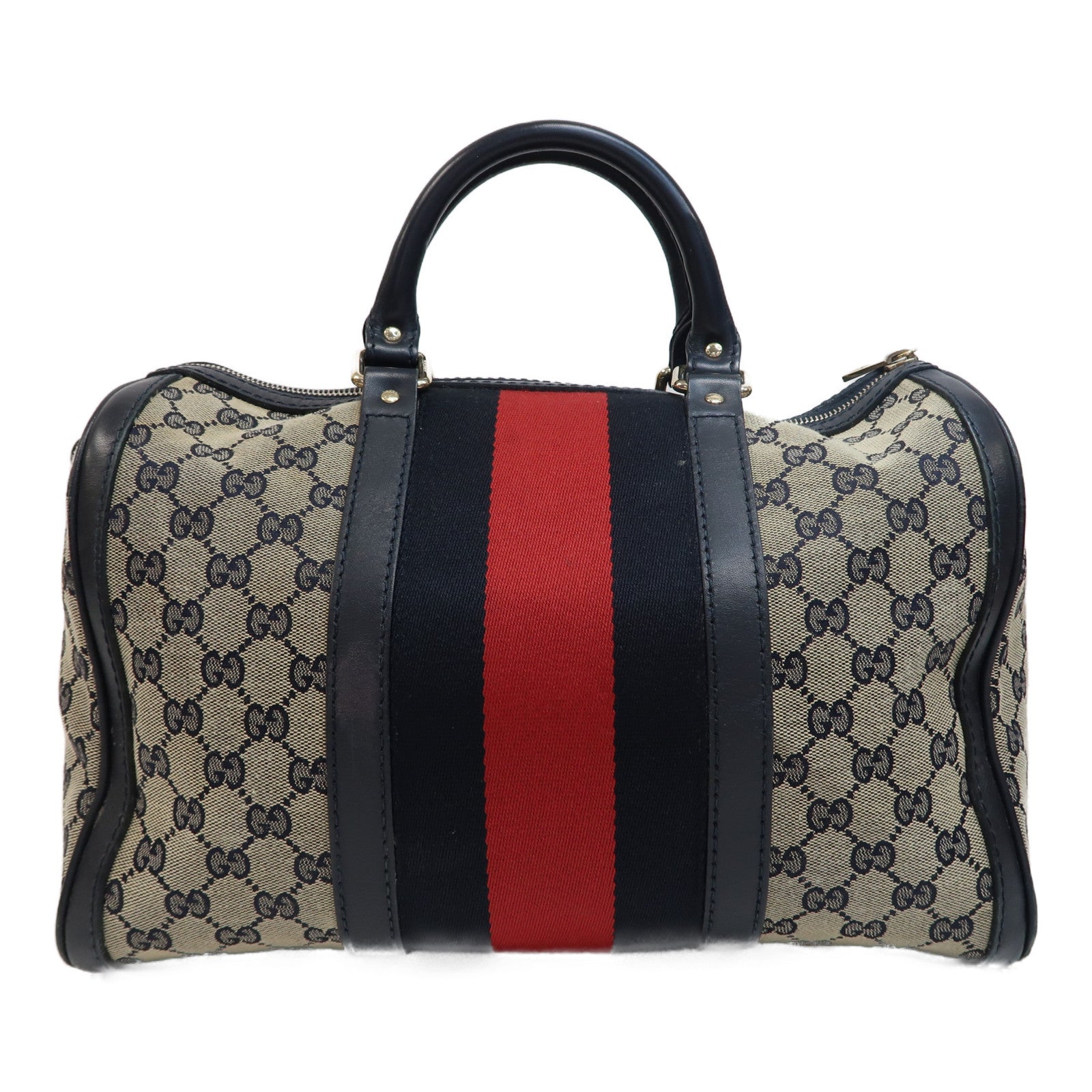 GUCCI 帆布Boston Bag金扣手挽肩背兩用袋米色/深藍色