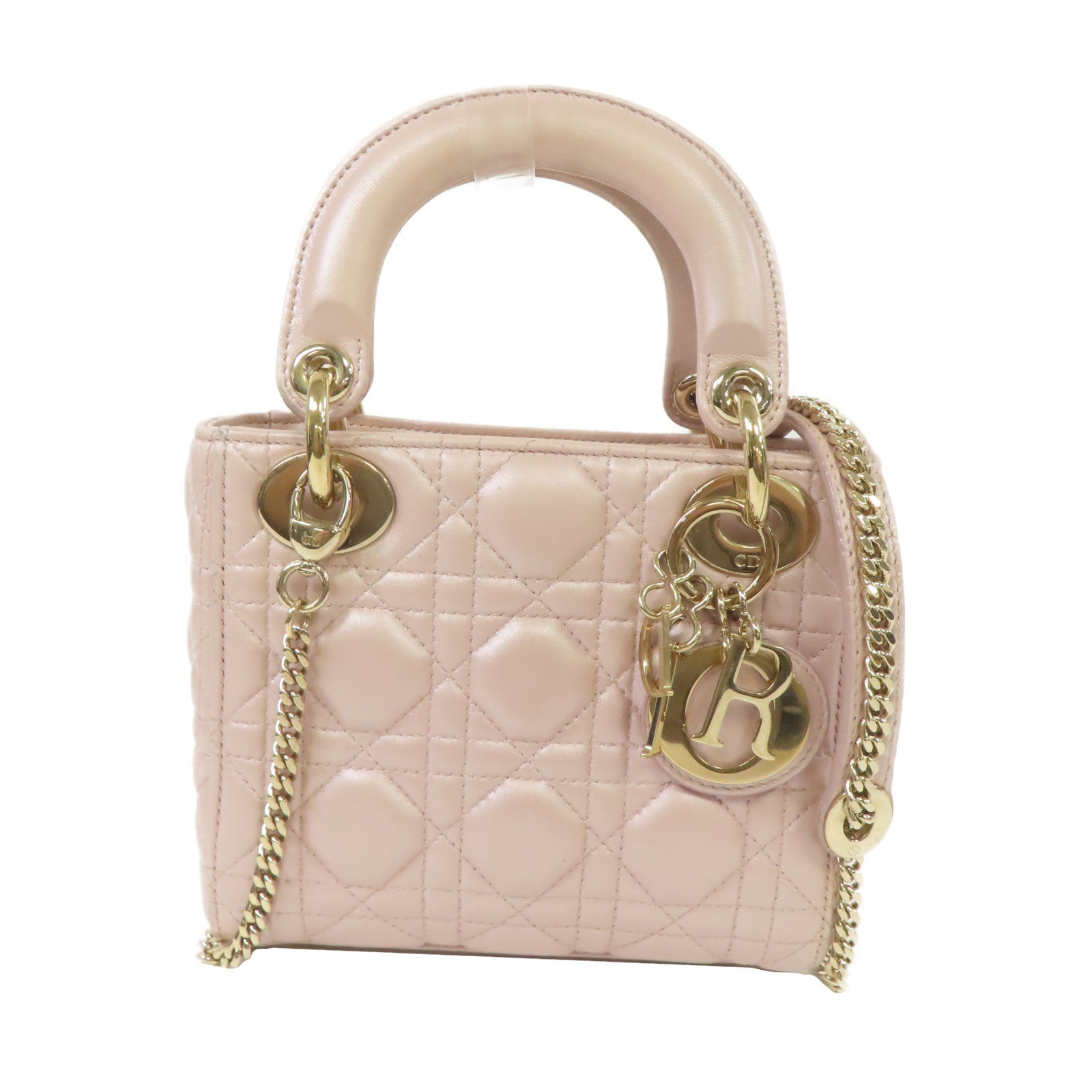 Dior 羊皮皮革Mini Lady Dior金扣手挽肩背兩用袋粉紅色
