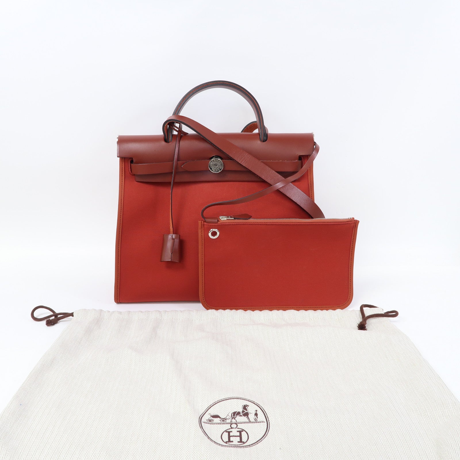 HERMES 帆布Herbag PM銀扣手挽肩背兩用袋紅色