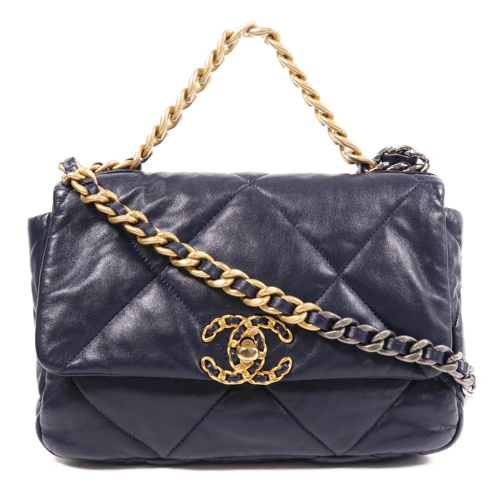 CHANEL CC C19 Small 2 Way Shoulder Bag Lambskin Leather Blue
