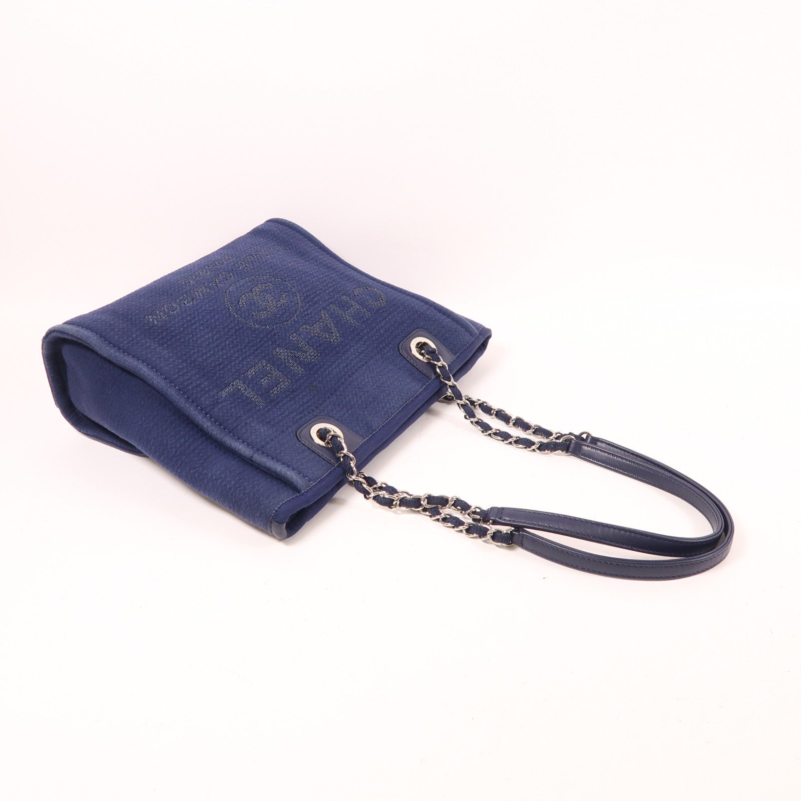 CHANEL 帆布Mini Deauville Tote銀扣鏈帶肩背袋