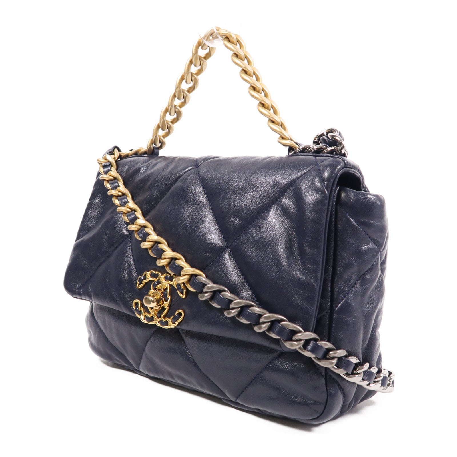 CHANEL CC C19 Small 2 Way Shoulder Bag Lambskin Leather Blue