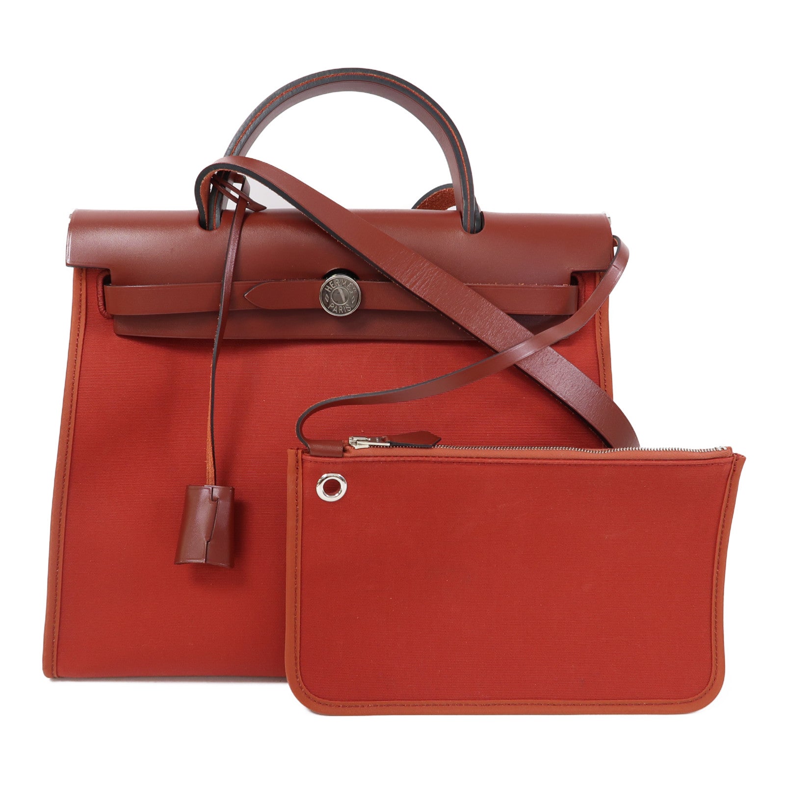 HERMES 帆布Herbag PM銀扣手挽肩背兩用袋紅色