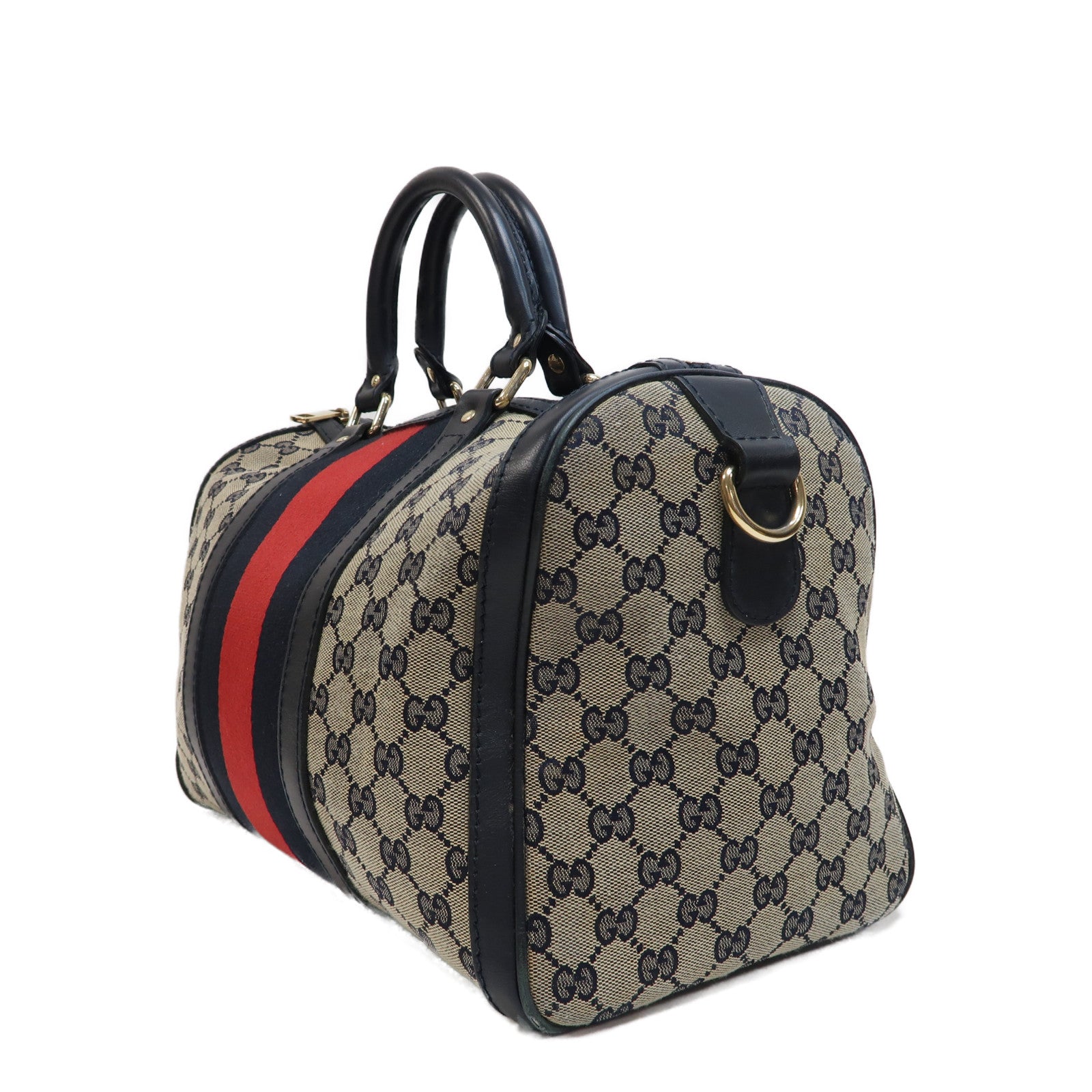 GUCCI 帆布Boston Bag金扣手挽肩背兩用袋米色/深藍色
