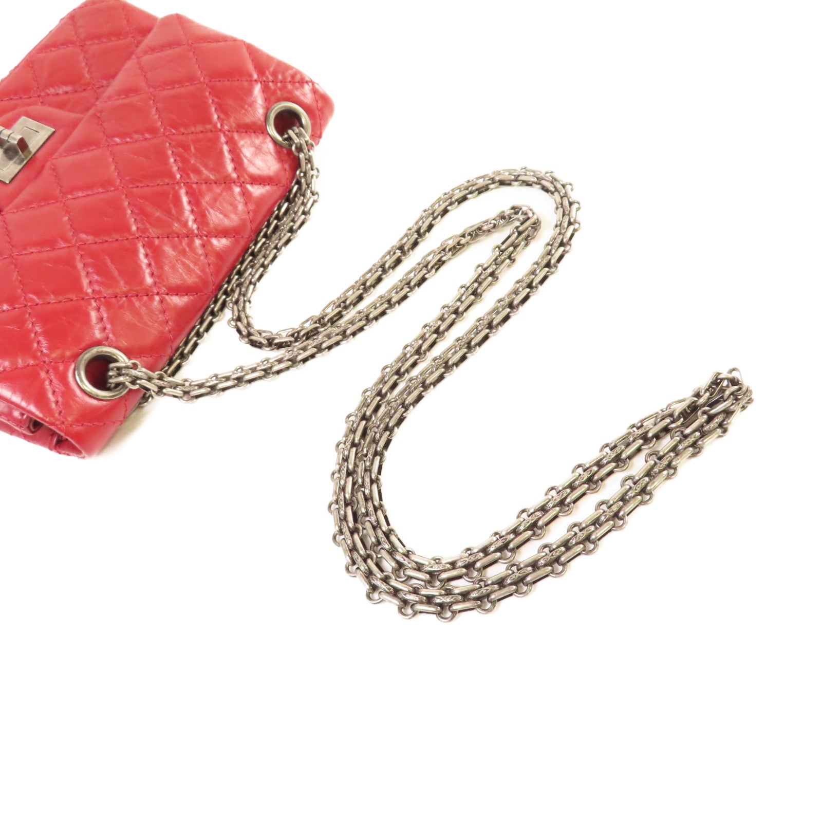 CHANEL 【激減優惠】菱格牛皮皮革2.55 Mini Chain Shoulder Bag銀扣鏈帶肩背袋酒紅色