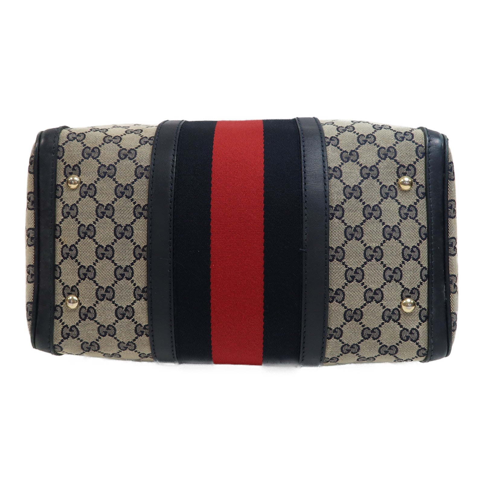 GUCCI 帆布Boston Bag金扣手挽肩背兩用袋米色/深藍色