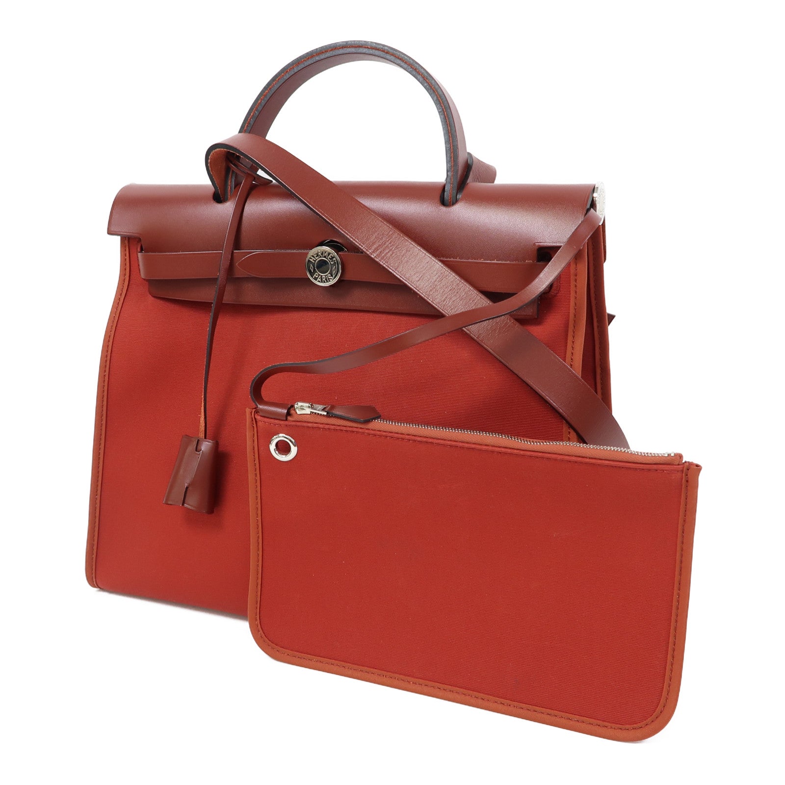 HERMES 帆布Herbag PM銀扣手挽肩背兩用袋紅色