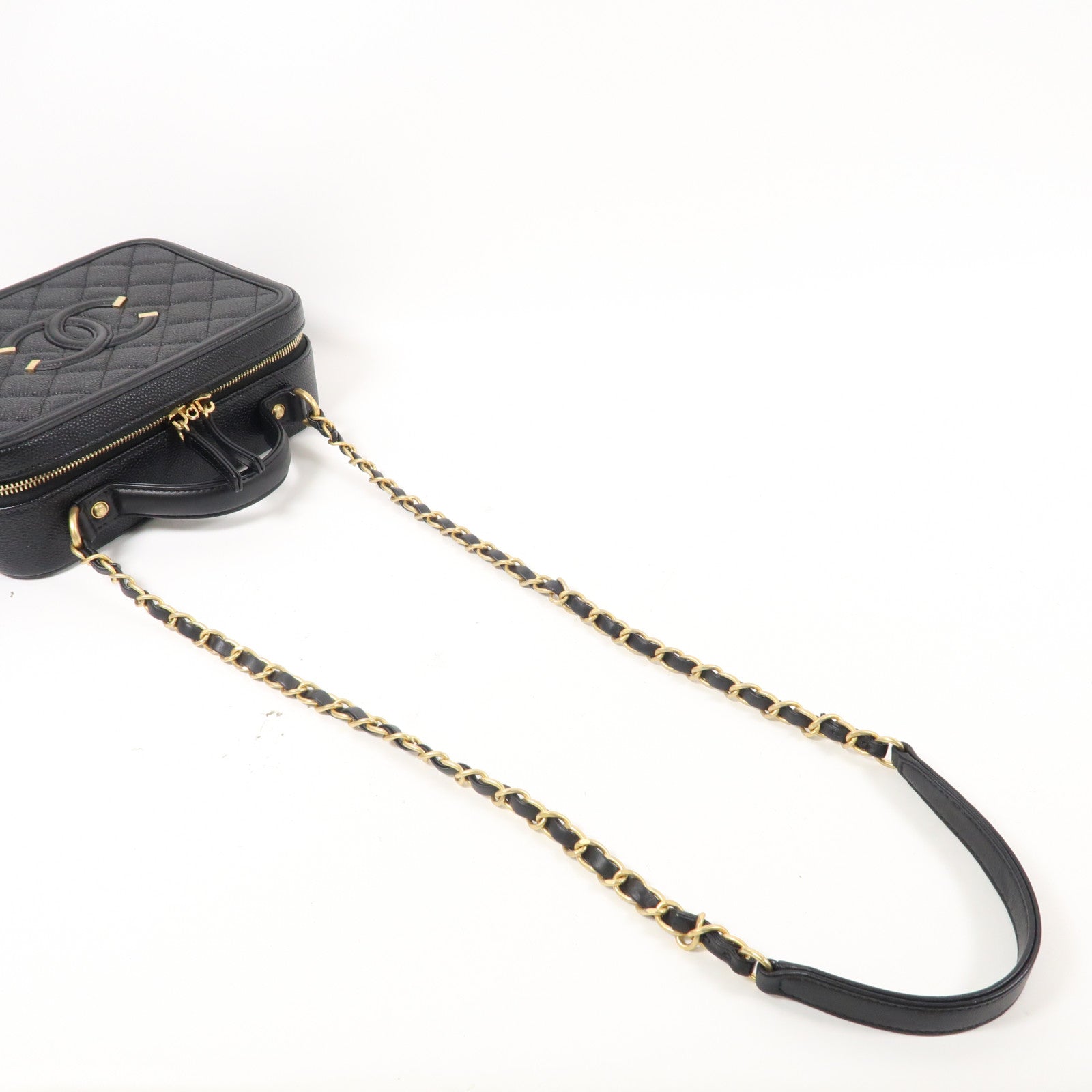 CHANEL 菱格Caviar皮革Vanity Case金扣手挽肩背兩用袋黑色