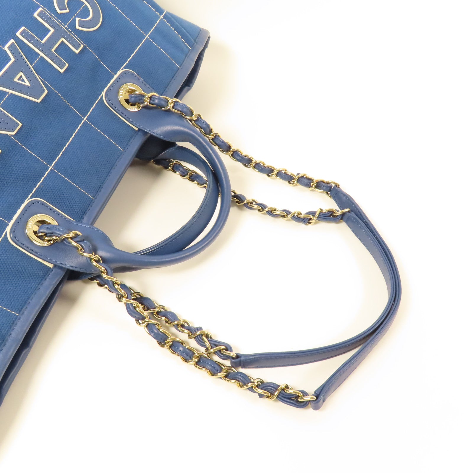 CHANEL CC GHW Deauville Tote Bag 2 Way Shoulder Hand Bag Canvas Blue