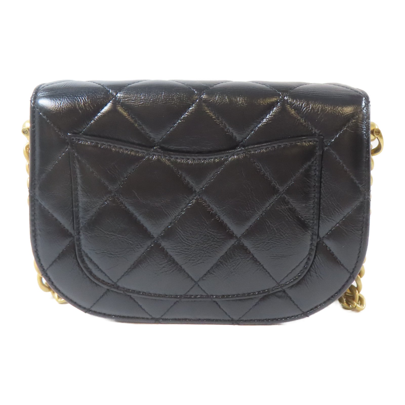 CHANEL 菱格牛皮皮革Saddle Bag金扣鏈帶肩背袋黑色