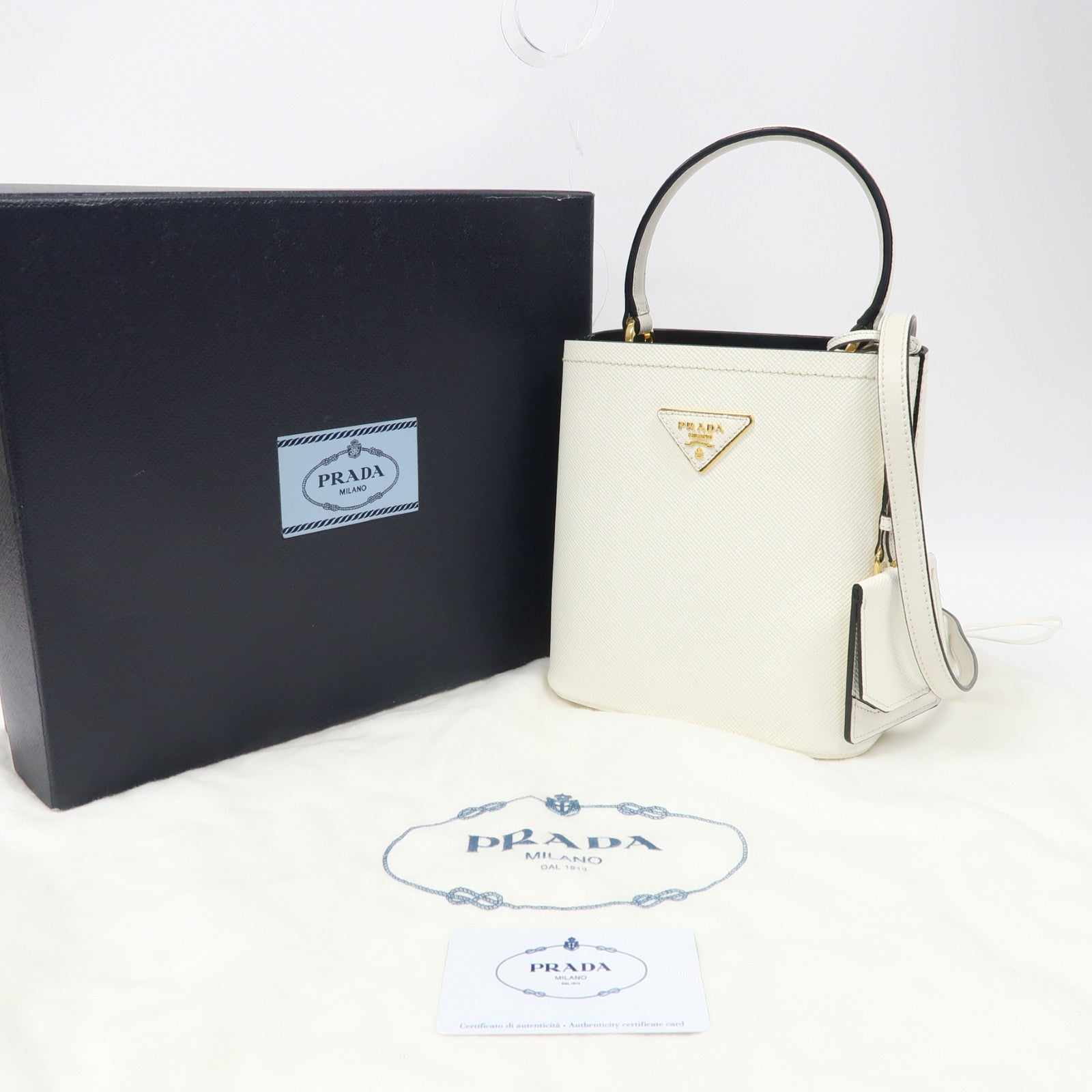 PRADA Saffiano皮革Panier Bag金扣手挽肩背兩用袋白色