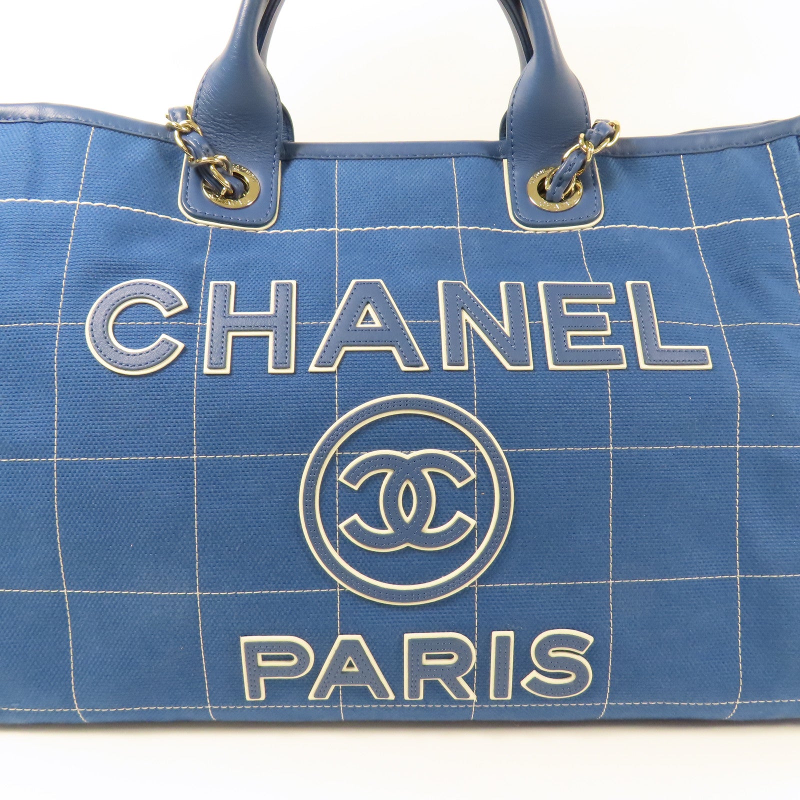 CHANEL CC GHW Deauville Tote Bag 2 Way Shoulder Hand Bag Canvas Blue