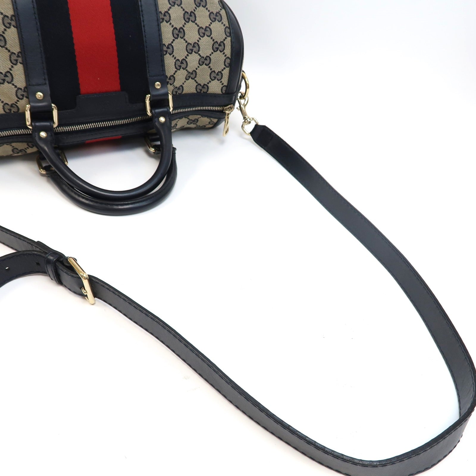 GUCCI 帆布Boston Bag金扣手挽肩背兩用袋米色/深藍色