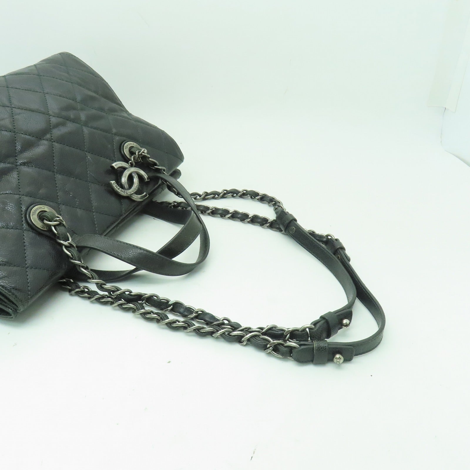 CHANEL 【激減優惠】菱格Caviar皮革2 Way Shoulder銀扣手挽肩背兩用袋深綠色