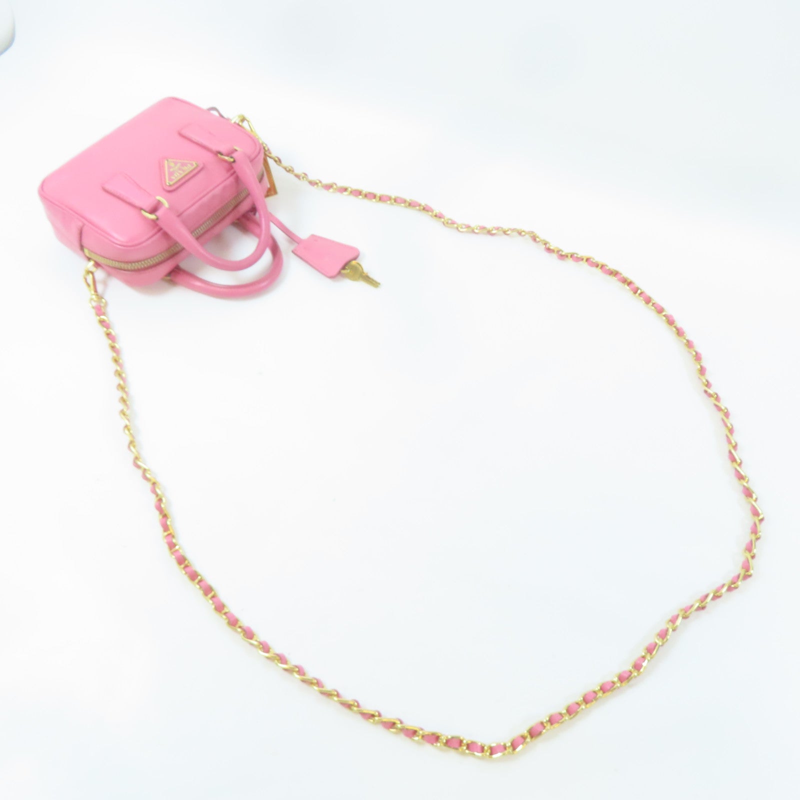 PRADA 牛皮皮革Shoulder Bag金扣鏈帶肩背袋粉紅色