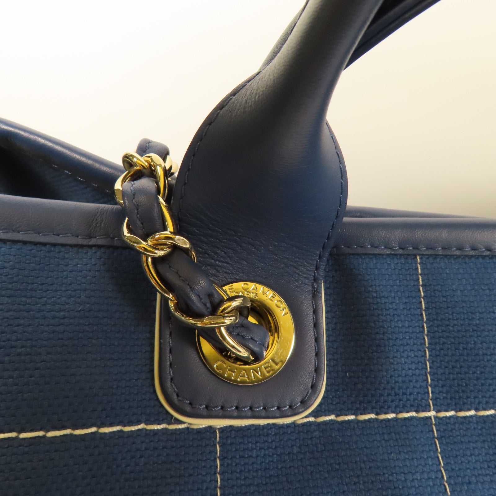 CHANEL CC GHW Deauville Tote Bag 2 Way Shoulder Hand Bag Canvas Blue